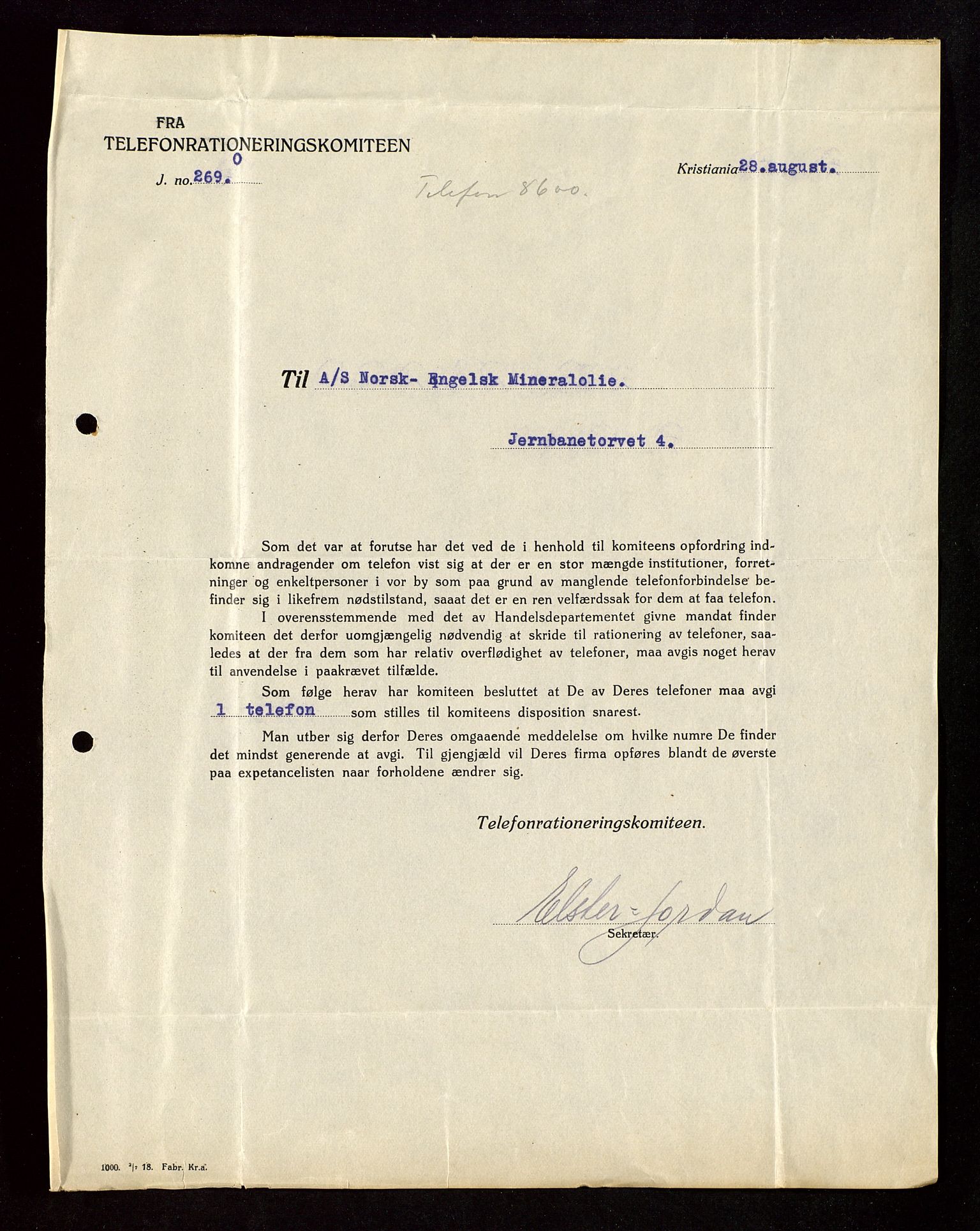 Pa 1521 - A/S Norske Shell, AV/SAST-A-101915/E/Ea/Eaa/L0003: Sjefskorrespondanse, 1918, p. 284