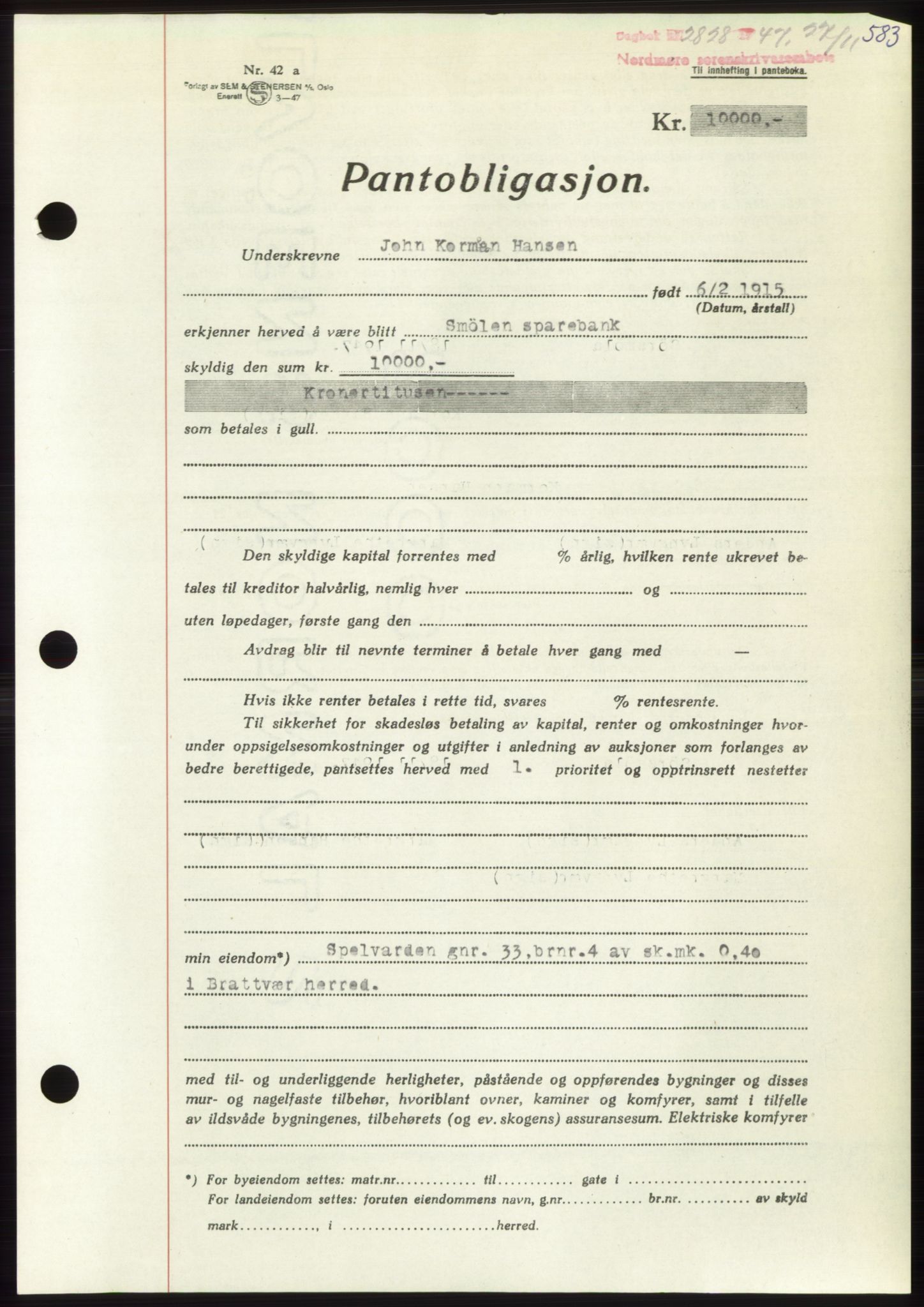 Nordmøre sorenskriveri, AV/SAT-A-4132/1/2/2Ca: Mortgage book no. B97, 1947-1948, Diary no: : 2828/1947