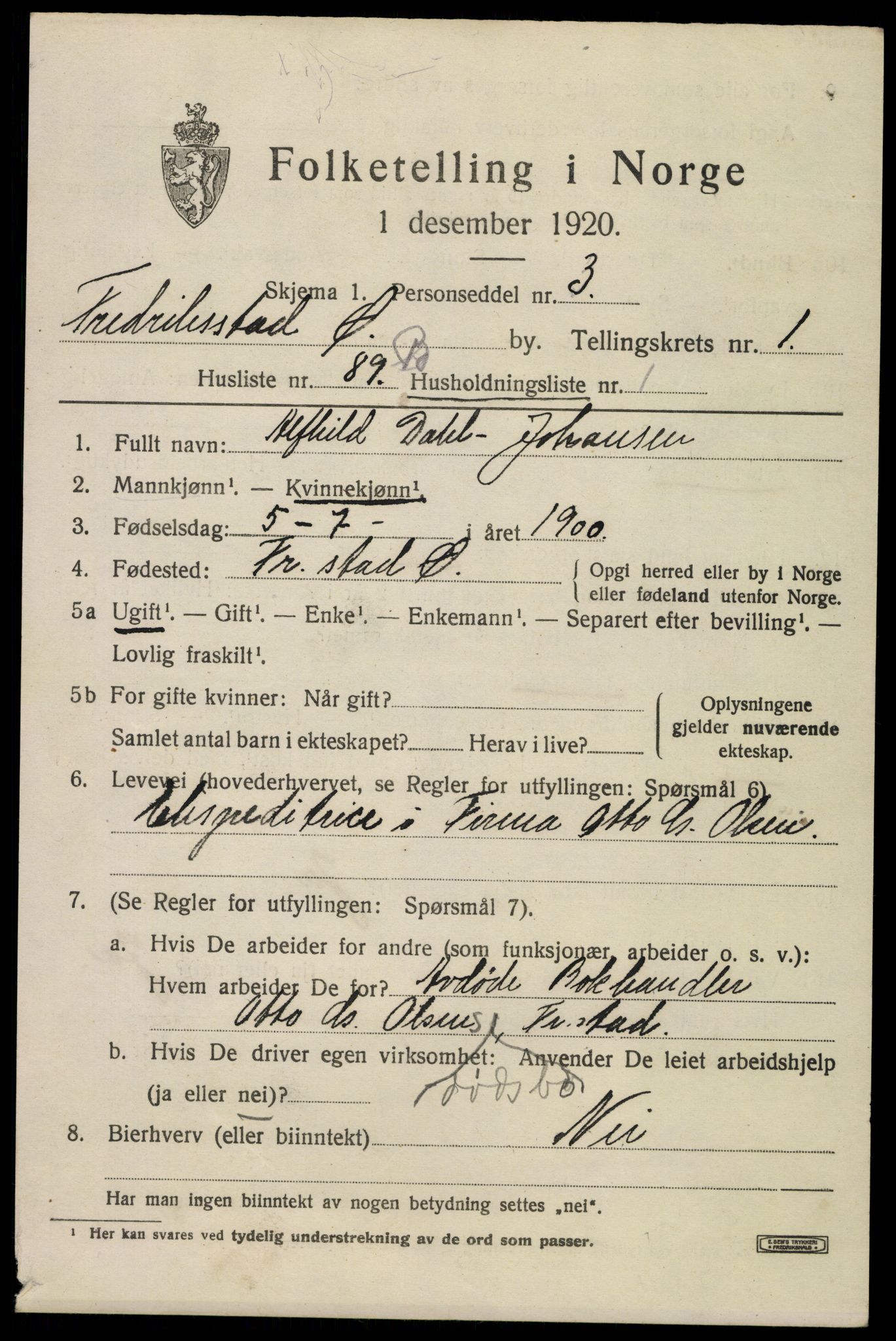 SAO, 1920 census for Fredrikstad, 1920, p. 13539