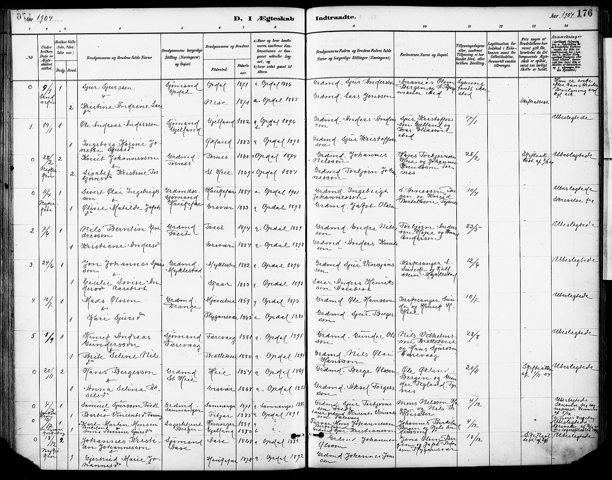 Tysnes sokneprestembete, AV/SAB-A-78601/H/Haa: Parish register (official) no. D 1, 1887-1904, p. 176