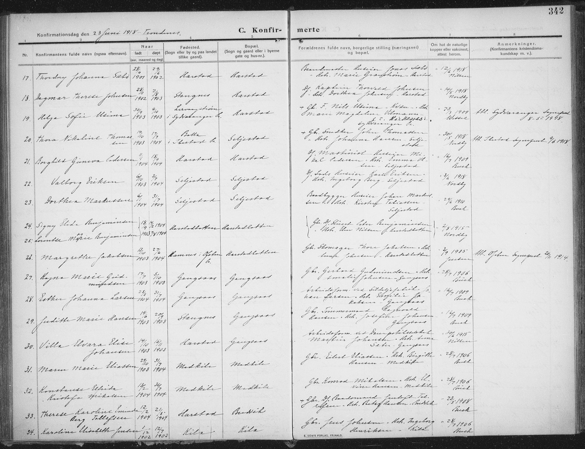 Trondenes sokneprestkontor, AV/SATØ-S-1319/H/Ha/L0018kirke: Parish register (official) no. 18, 1909-1918, p. 342