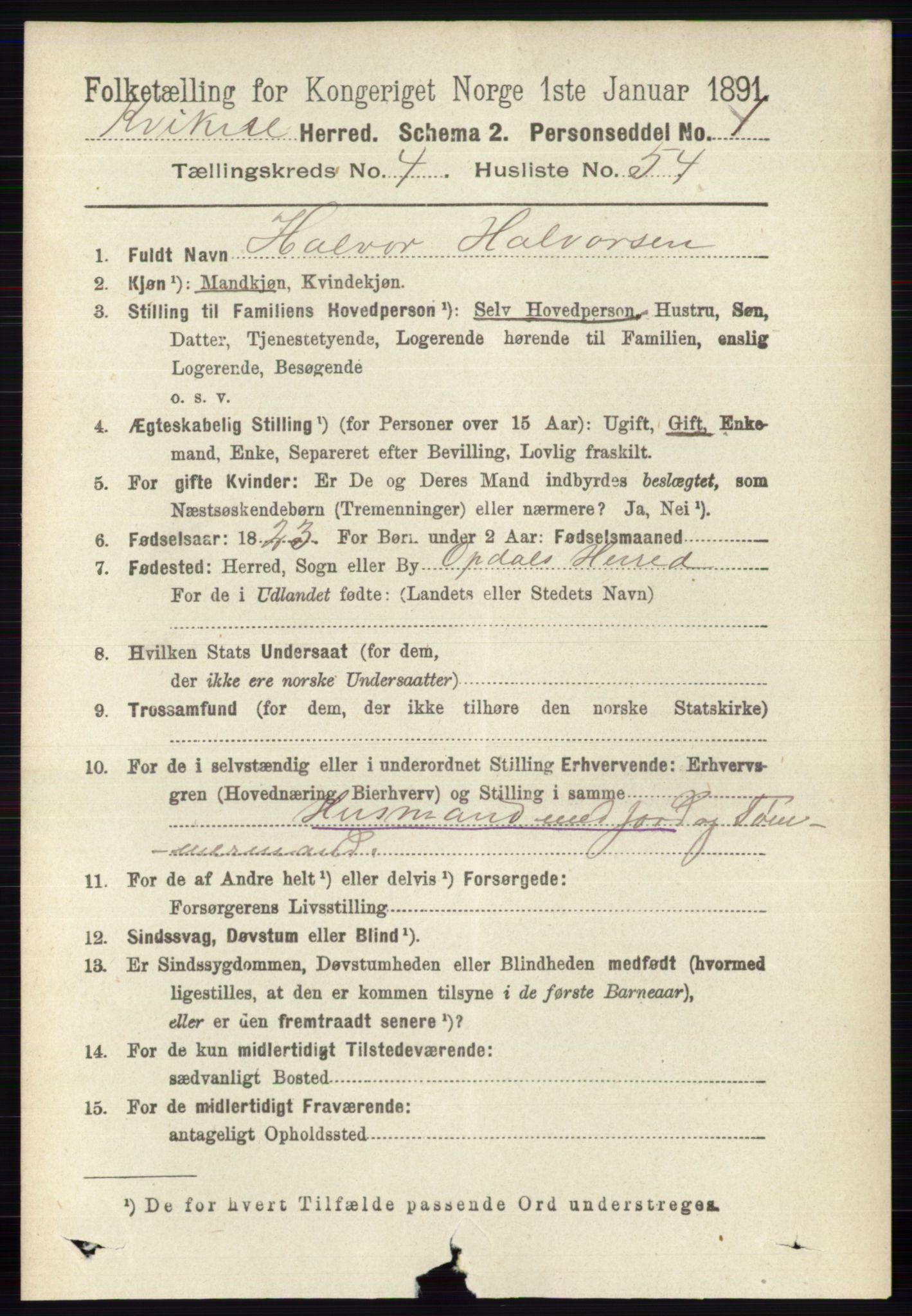 RA, 1891 census for 0440 Kvikne, 1891, p. 1285