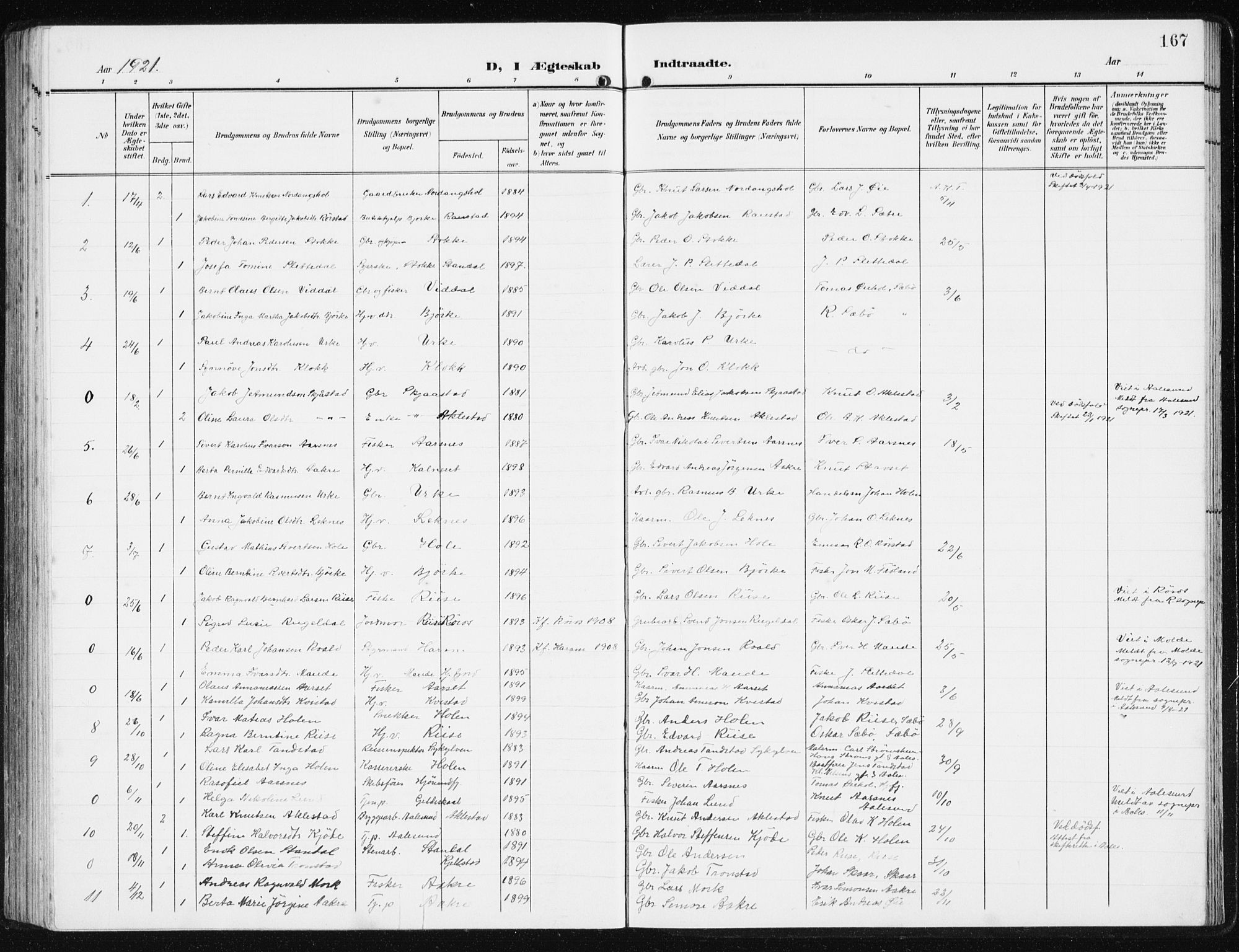 Ministerialprotokoller, klokkerbøker og fødselsregistre - Møre og Romsdal, SAT/A-1454/515/L0216: Parish register (copy) no. 515C03, 1906-1941, p. 167