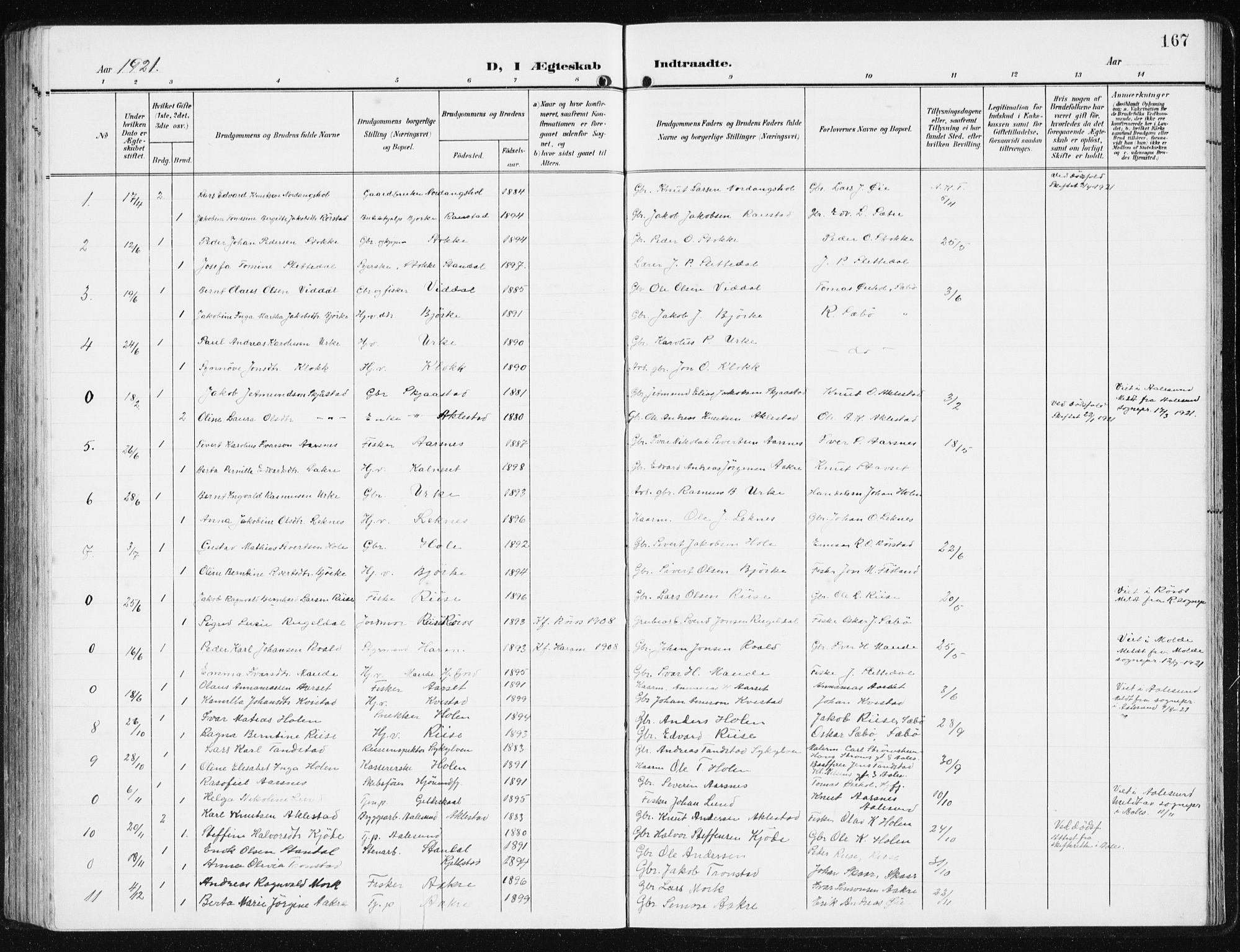 Ministerialprotokoller, klokkerbøker og fødselsregistre - Møre og Romsdal, AV/SAT-A-1454/515/L0216: Parish register (copy) no. 515C03, 1906-1941, p. 167