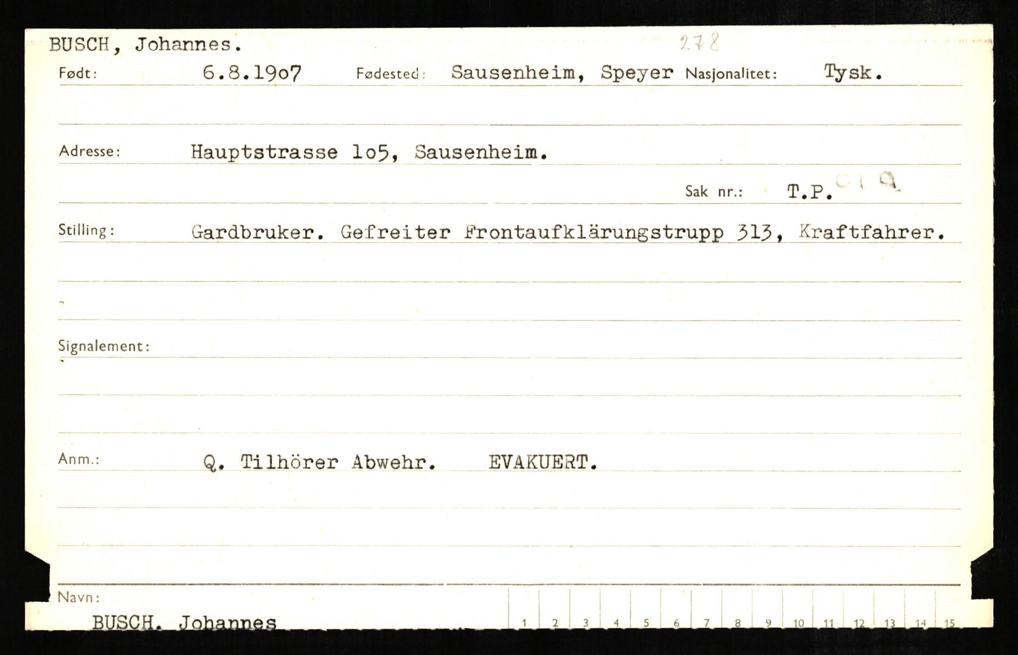 Forsvaret, Forsvarets overkommando II, AV/RA-RAFA-3915/D/Db/L0005: CI Questionaires. Tyske okkupasjonsstyrker i Norge. Tyskere., 1945-1946, p. 14