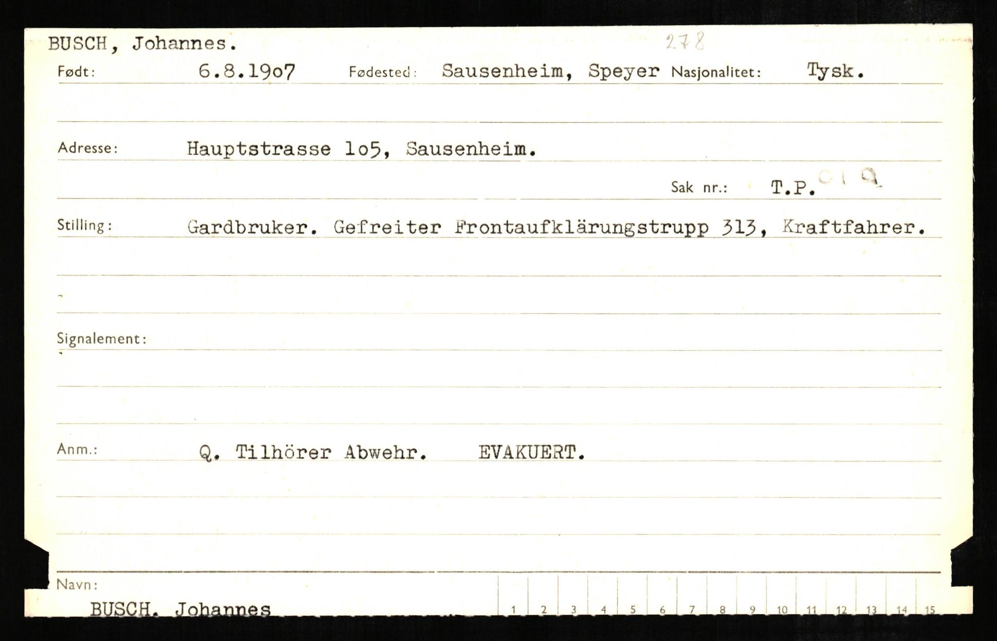 Forsvaret, Forsvarets overkommando II, RA/RAFA-3915/D/Db/L0005: CI Questionaires. Tyske okkupasjonsstyrker i Norge. Tyskere., 1945-1946, p. 14