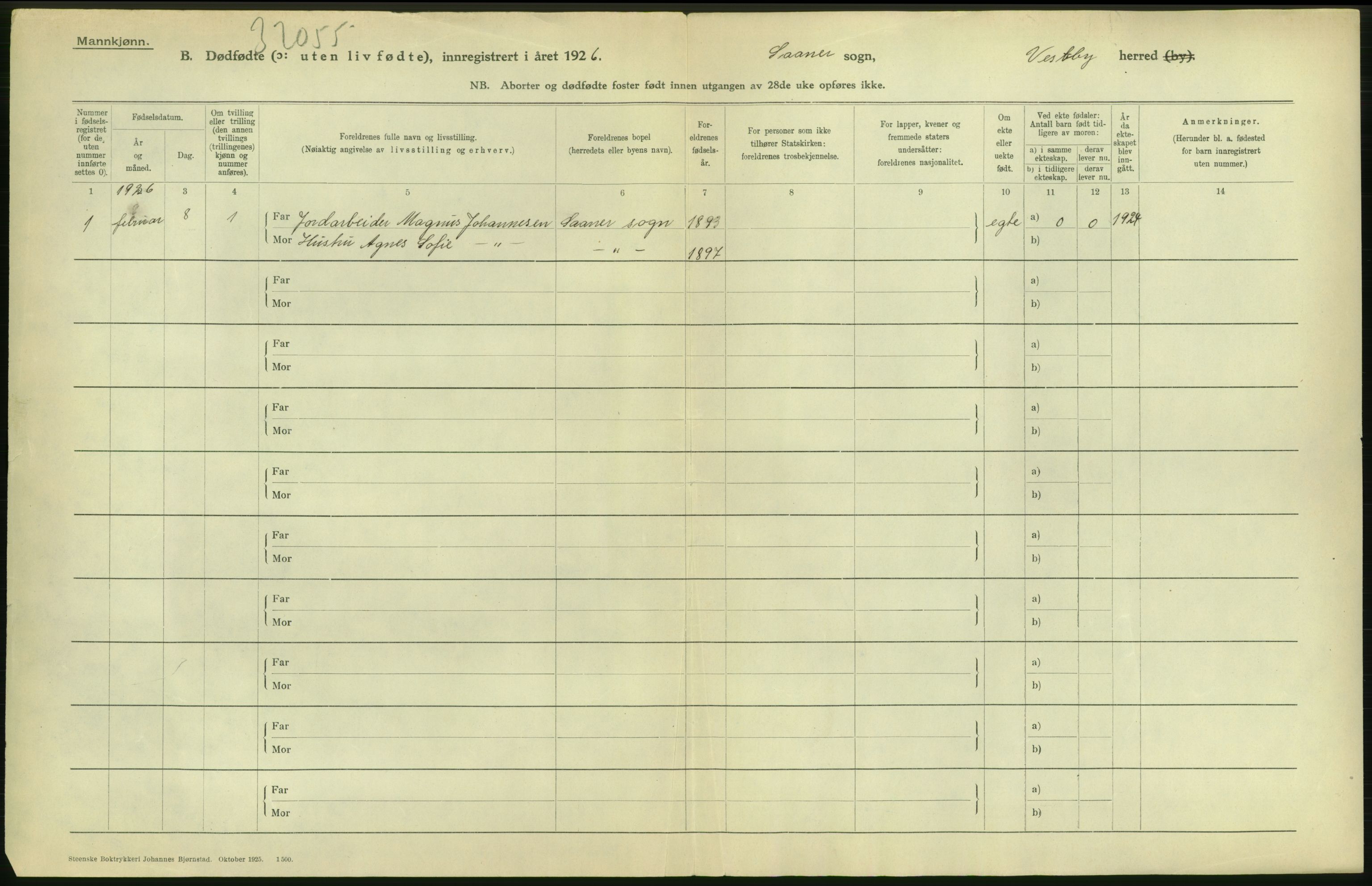 Statistisk sentralbyrå, Sosiodemografiske emner, Befolkning, RA/S-2228/D/Df/Dfc/Dfcf/L0005: Akershus fylke: Døde, dødfødte. Bygder og byer., 1926, p. 2