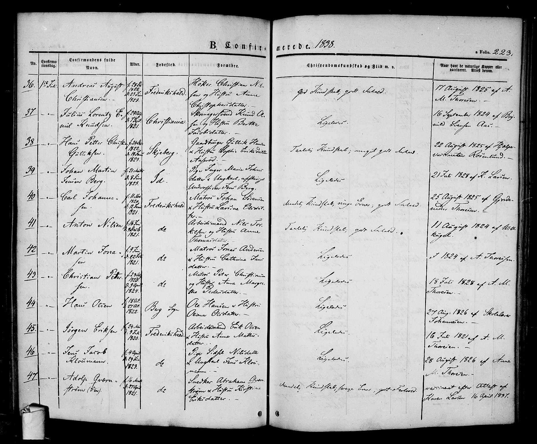 Halden prestekontor Kirkebøker, AV/SAO-A-10909/F/Fa/L0005: Parish register (official) no. I 5, 1834-1845, p. 223