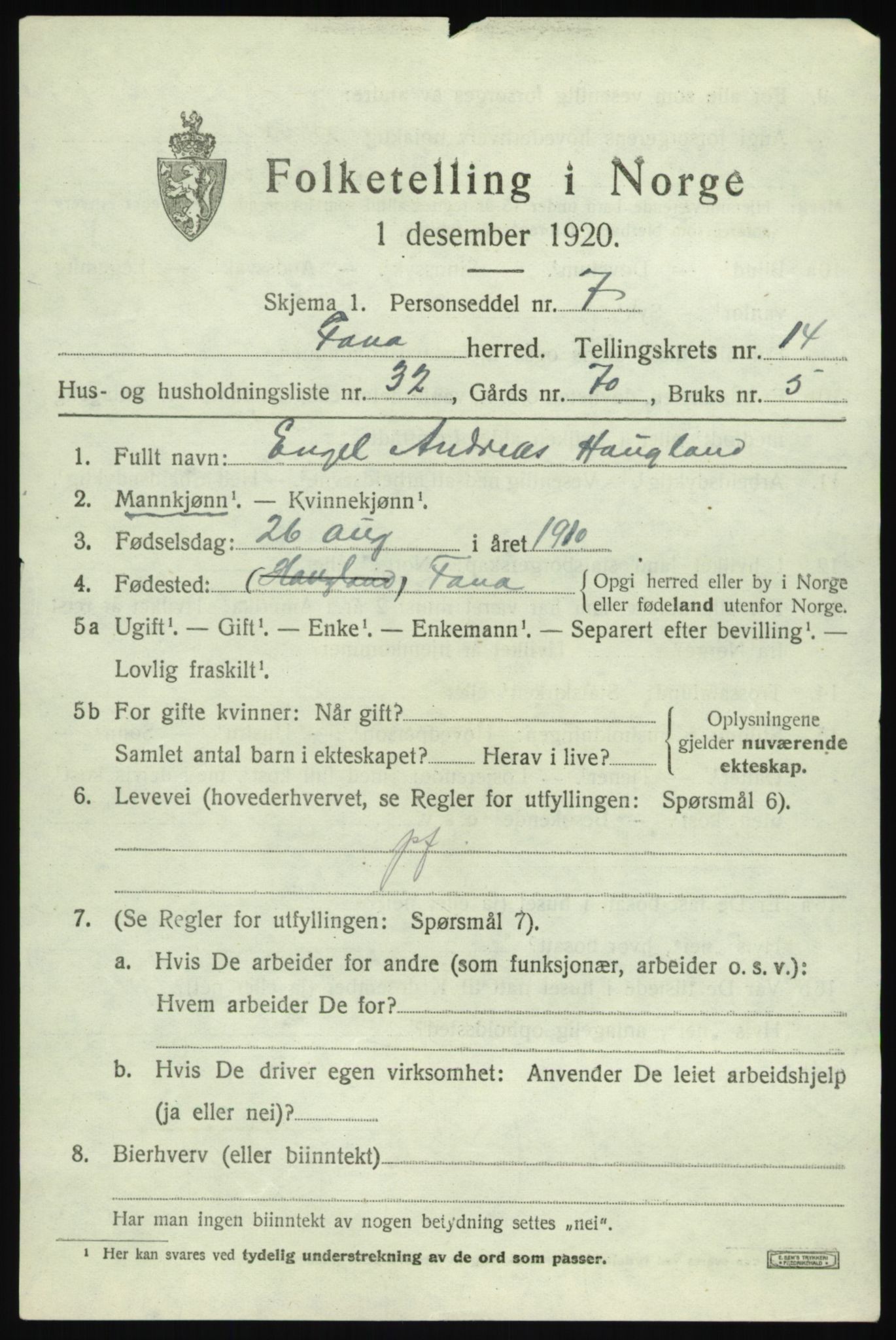 SAB, 1920 census for Fana, 1920, p. 20987