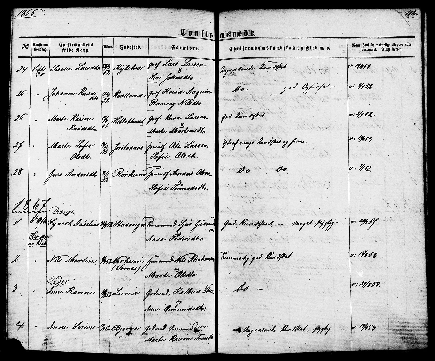 Nedstrand sokneprestkontor, AV/SAST-A-101841/01/IV: Parish register (official) no. A 10, 1861-1887, p. 112