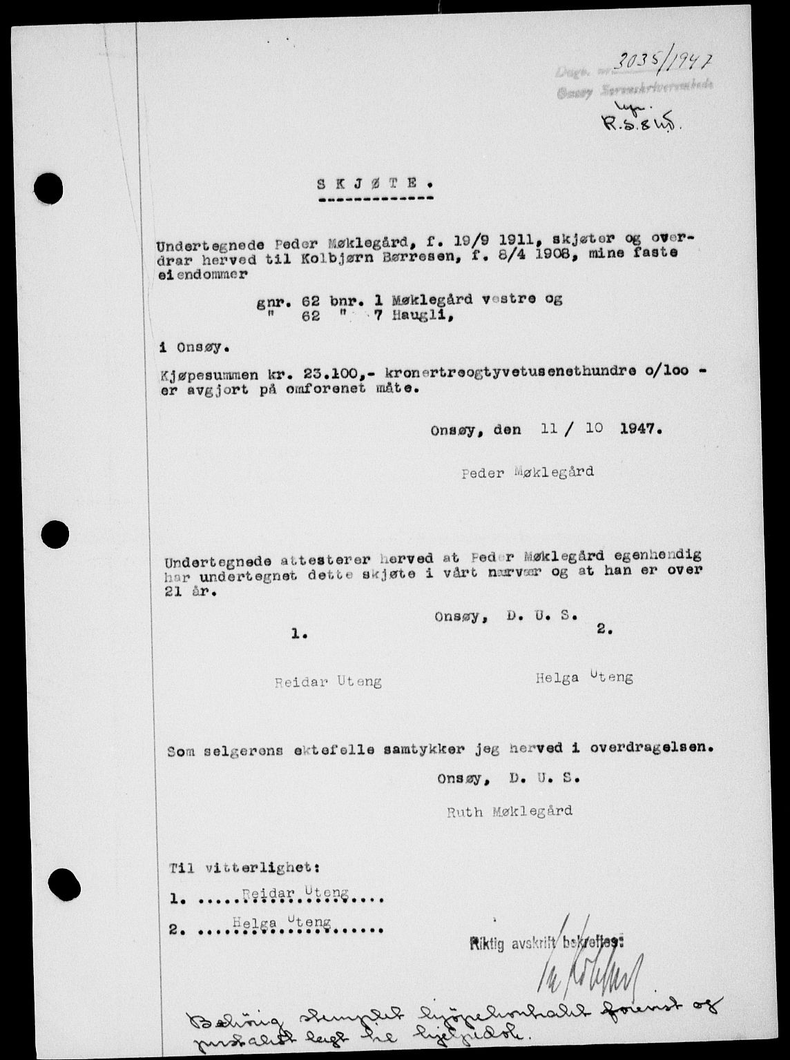 Onsøy sorenskriveri, SAO/A-10474/G/Ga/Gab/L0021: Mortgage book no. II A-21, 1947-1947, Diary no: : 3035/1947