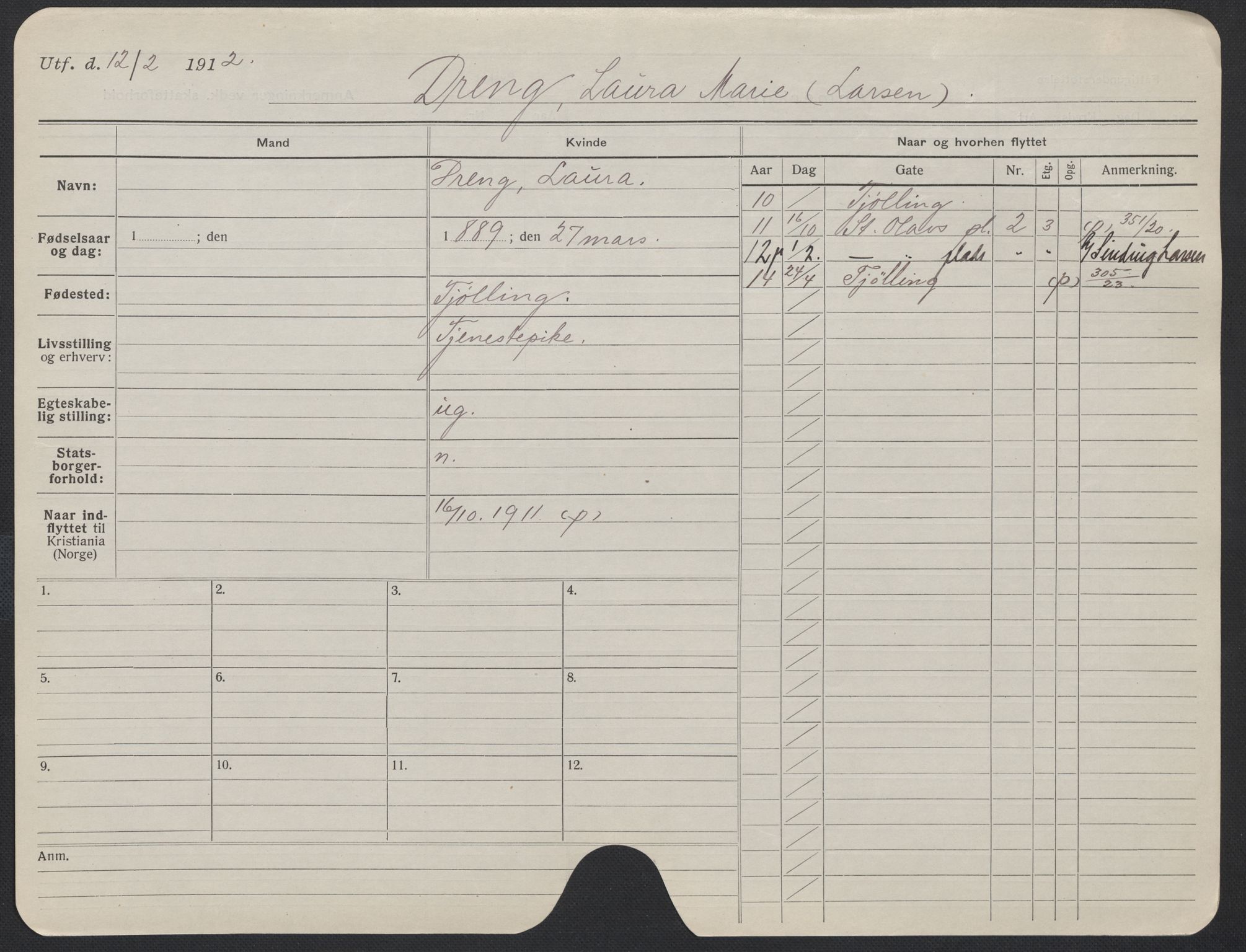 Oslo folkeregister, Registerkort, AV/SAO-A-11715/F/Fa/Fac/L0013: Kvinner, 1906-1914, p. 1327a