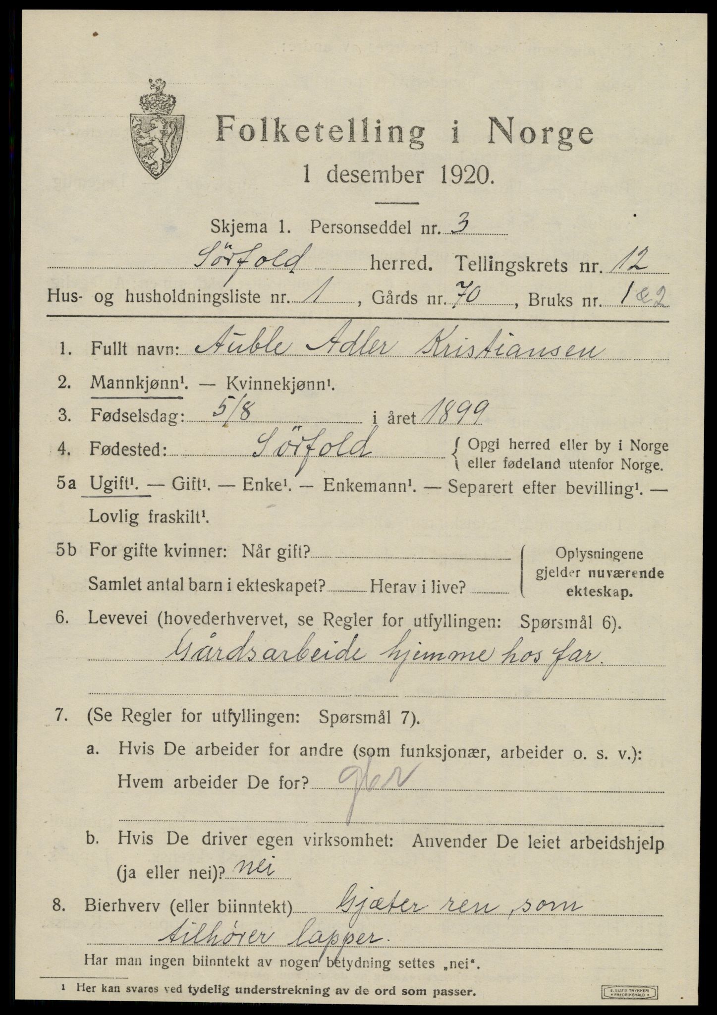 SAT, 1920 census for Sørfold, 1920, p. 6213