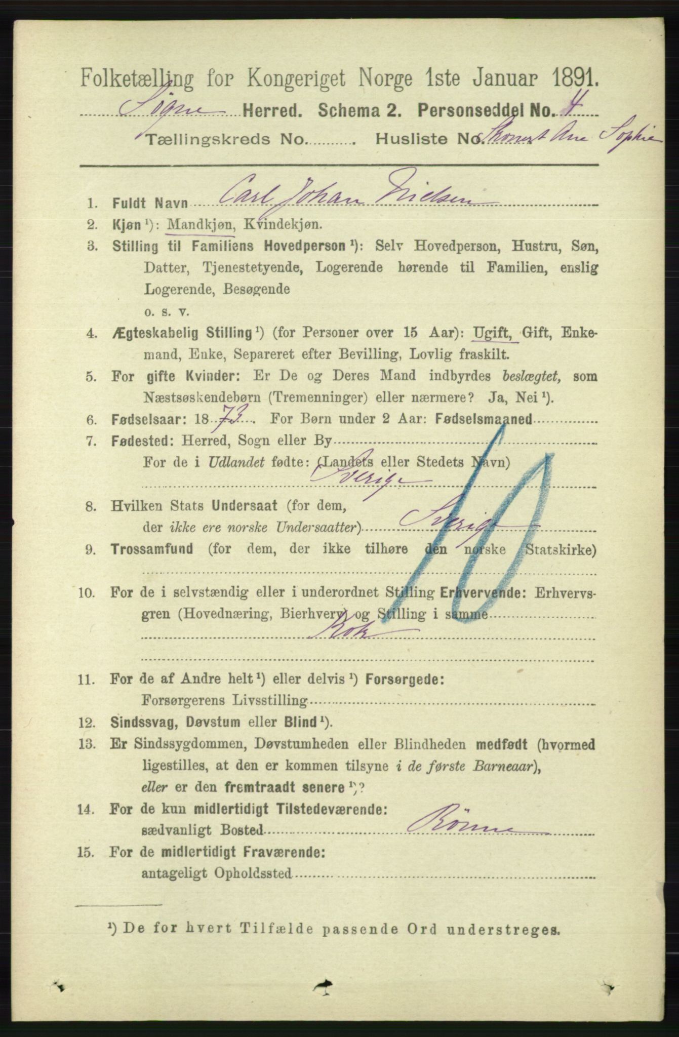 RA, 1891 census for 1018 Søgne, 1891, p. 4873