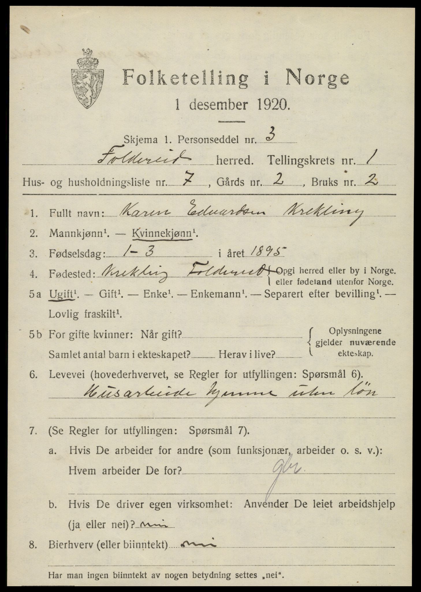 SAT, 1920 census for Foldereid, 1920, p. 458