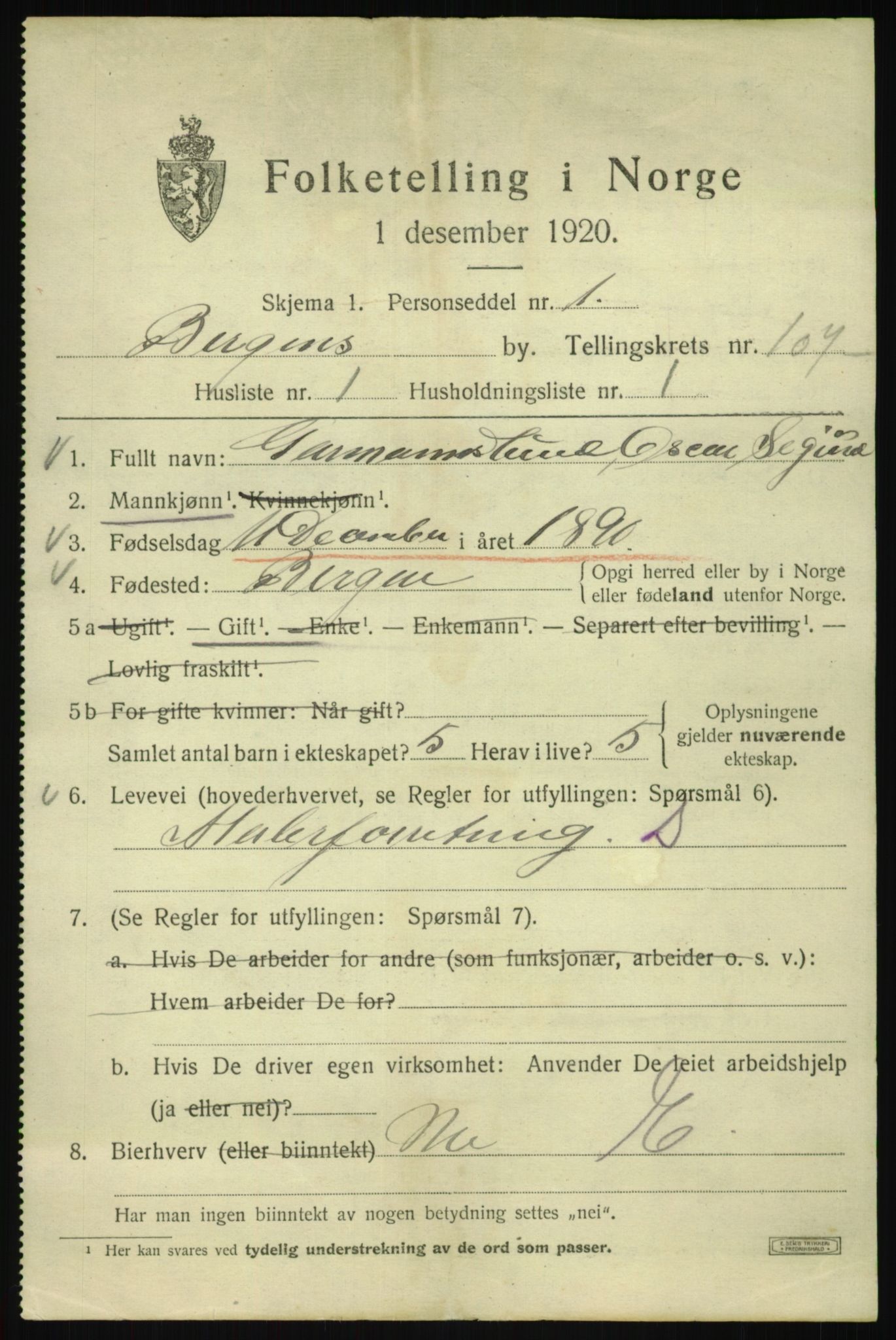 SAB, 1920 census for Bergen, 1920, p. 184788