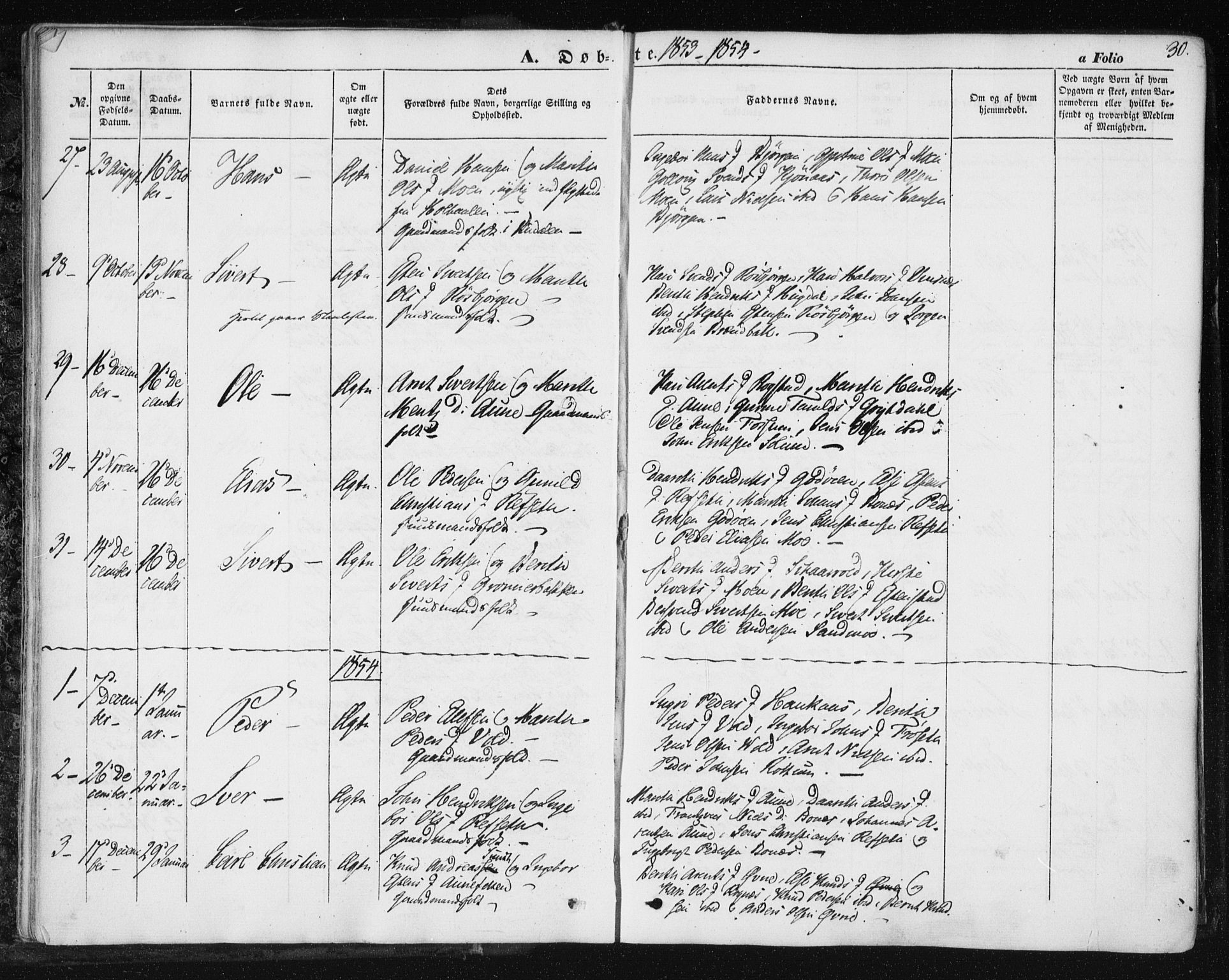 Ministerialprotokoller, klokkerbøker og fødselsregistre - Sør-Trøndelag, SAT/A-1456/687/L1000: Parish register (official) no. 687A06, 1848-1869, p. 30