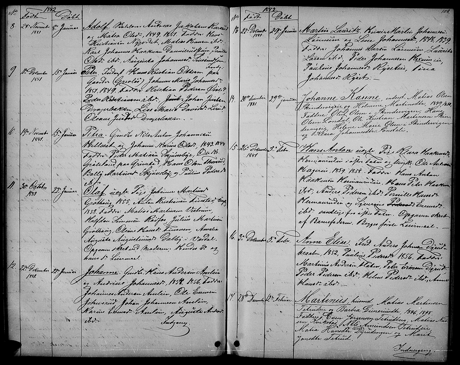 Vestre Toten prestekontor, SAH/PREST-108/H/Ha/Hab/L0006: Parish register (copy) no. 6, 1870-1887, p. 108