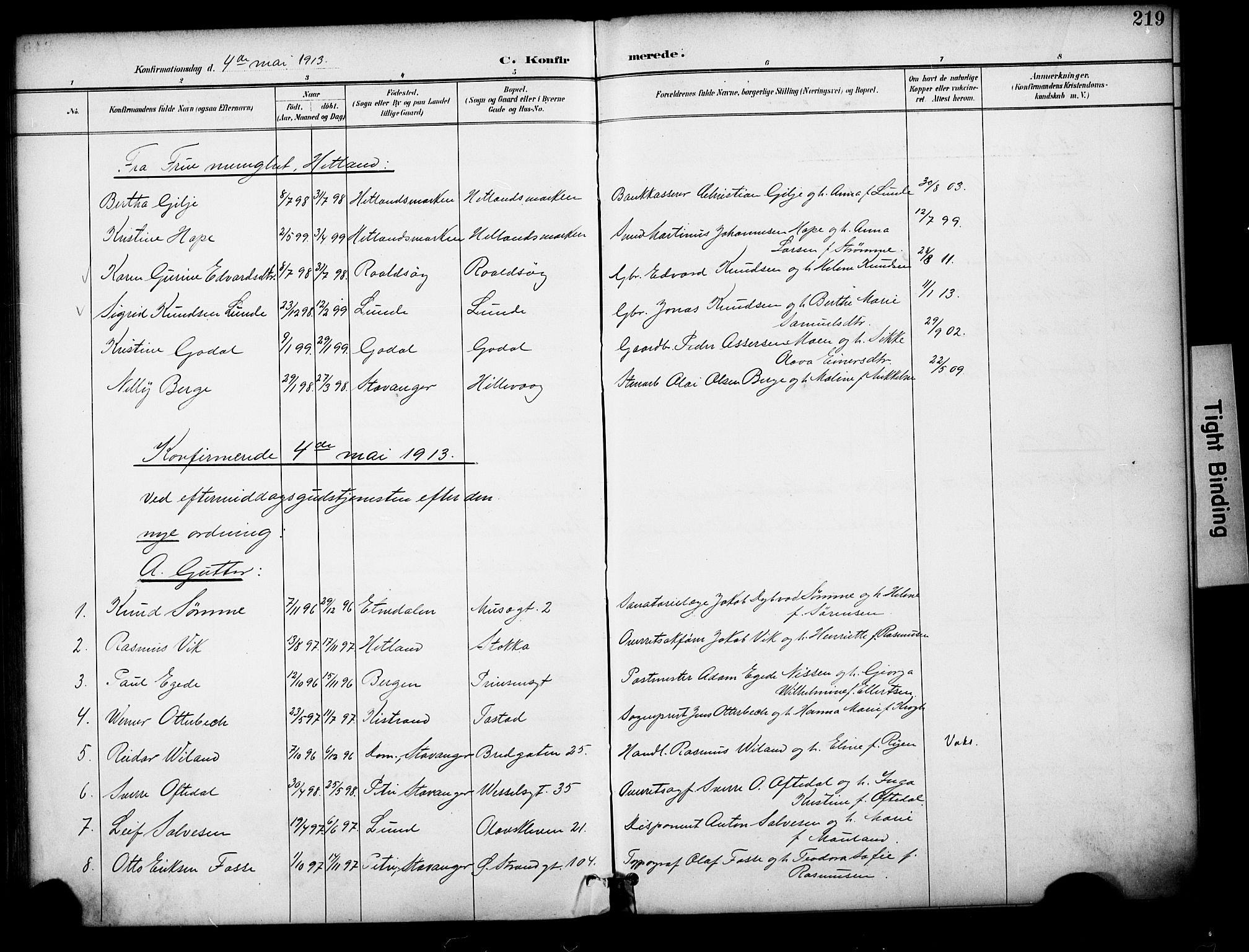 Domkirken sokneprestkontor, AV/SAST-A-101812/001/30/30BA/L0031: Parish register (official) no. A 30, 1896-1916, p. 219