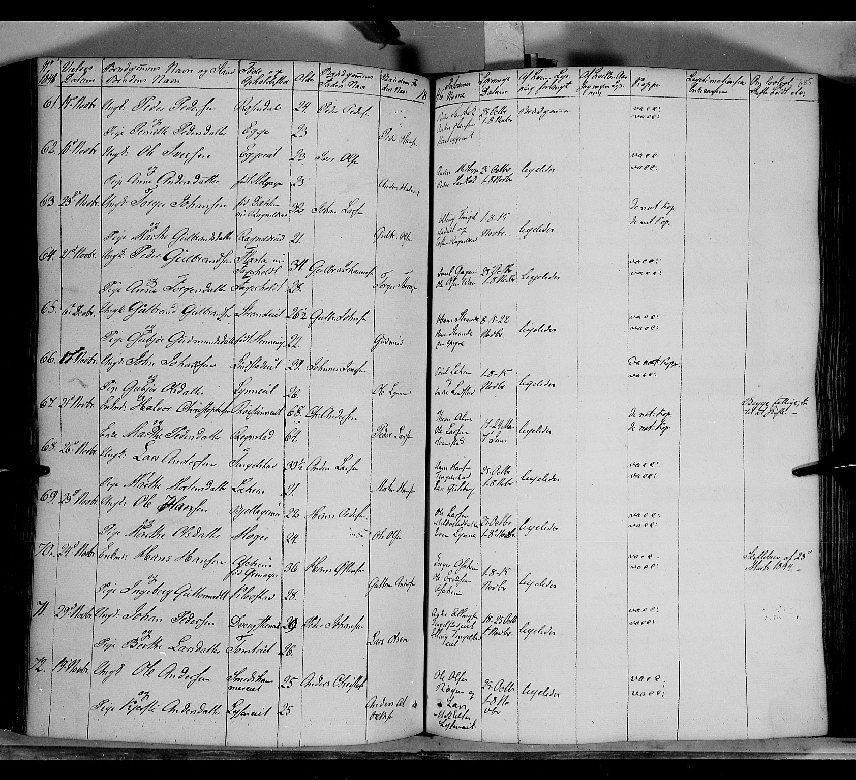 Gran prestekontor, AV/SAH-PREST-112/H/Ha/Haa/L0011: Parish register (official) no. 11, 1842-1856, p. 884-885