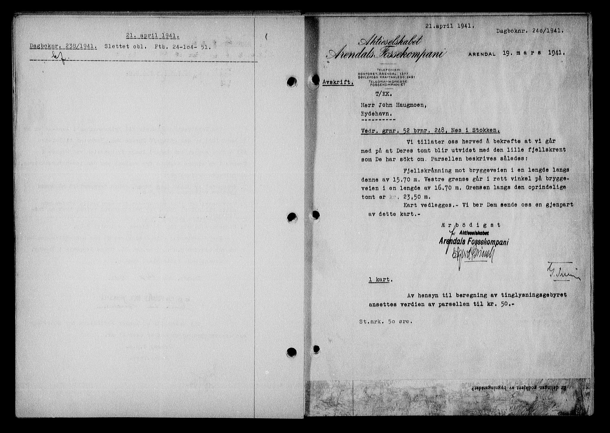 Nedenes sorenskriveri, SAK/1221-0006/G/Gb/Gba/L0048: Mortgage book no. A-II, 1940-1941, Diary no: : 240/1941
