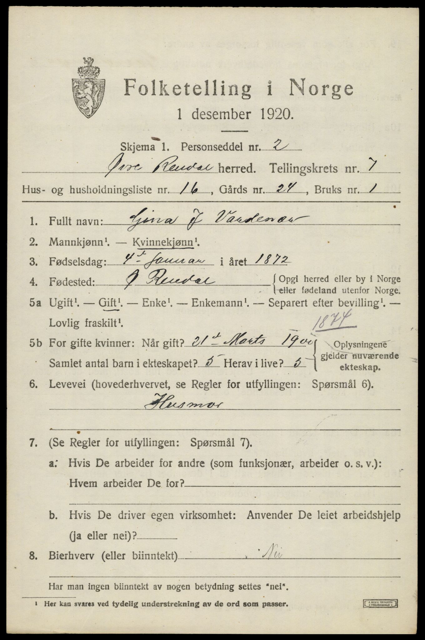 SAH, 1920 census for Øvre Rendal, 1920, p. 2573