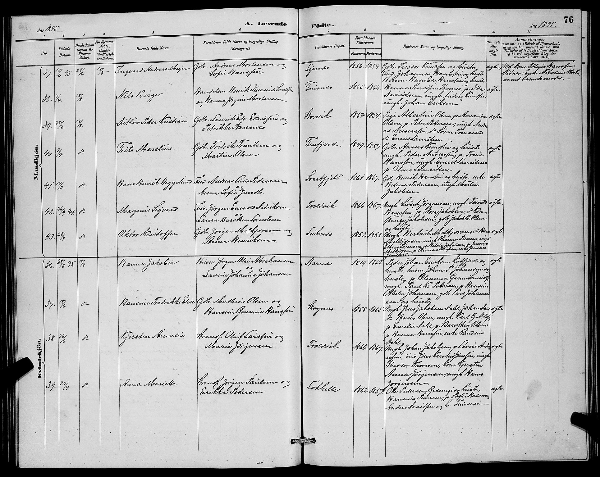 Lenvik sokneprestembete, SATØ/S-1310/H/Ha/Hab/L0007klokker: Parish register (copy) no. 7, 1890-1898, p. 76