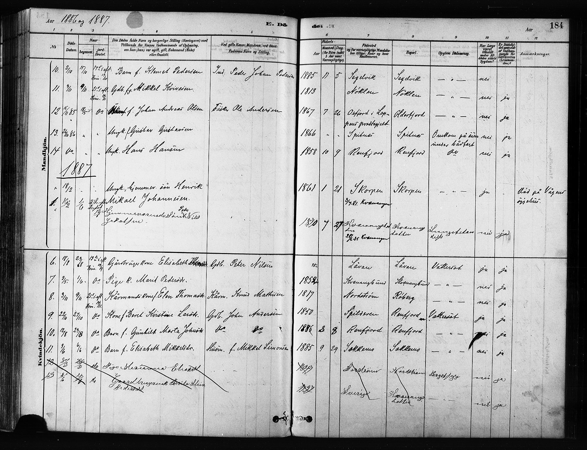 Skjervøy sokneprestkontor, SATØ/S-1300/H/Ha/Haa/L0012kirke: Parish register (official) no. 12, 1878-1891, p. 184
