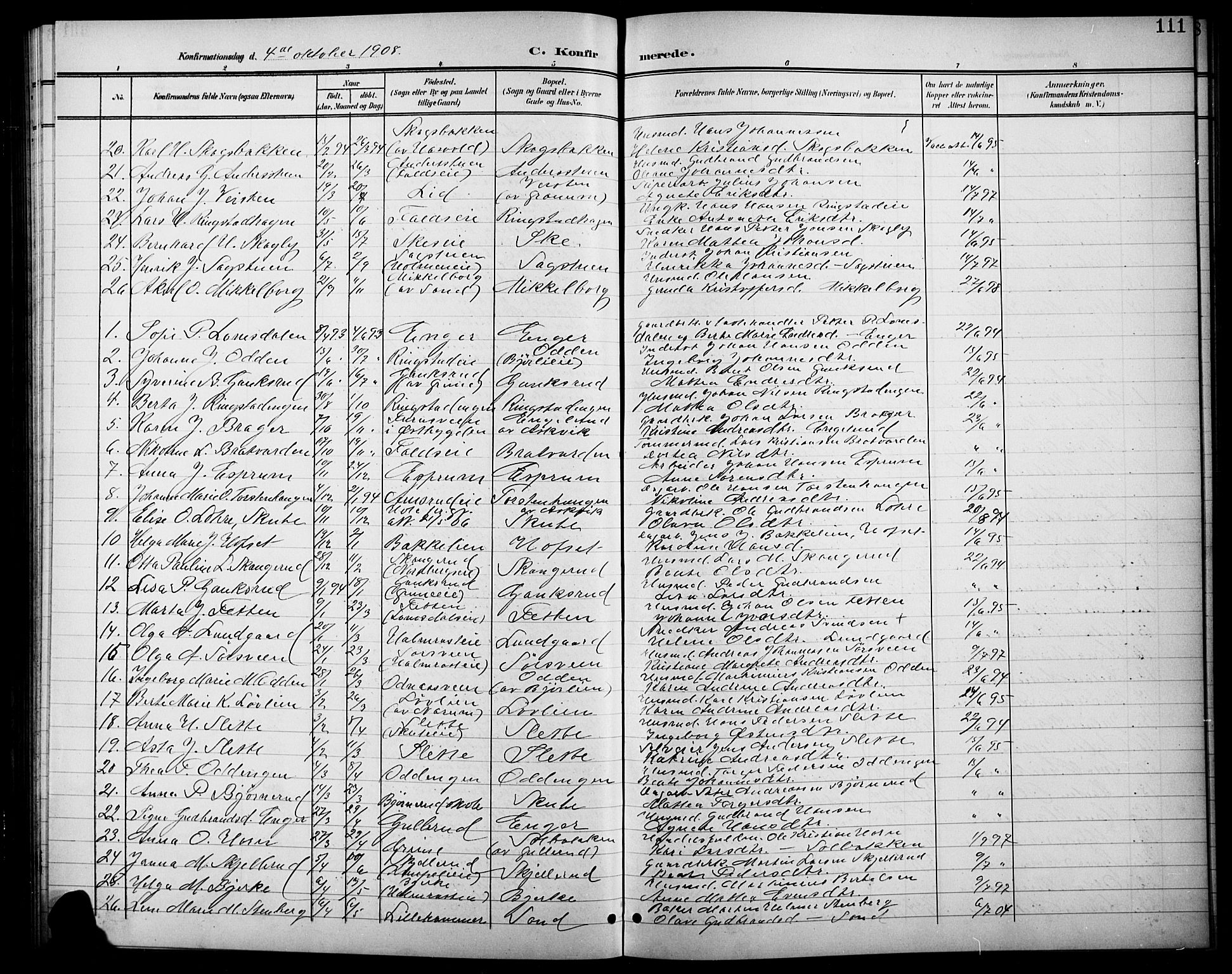 Søndre Land prestekontor, SAH/PREST-122/L/L0004: Parish register (copy) no. 4, 1901-1915, p. 111