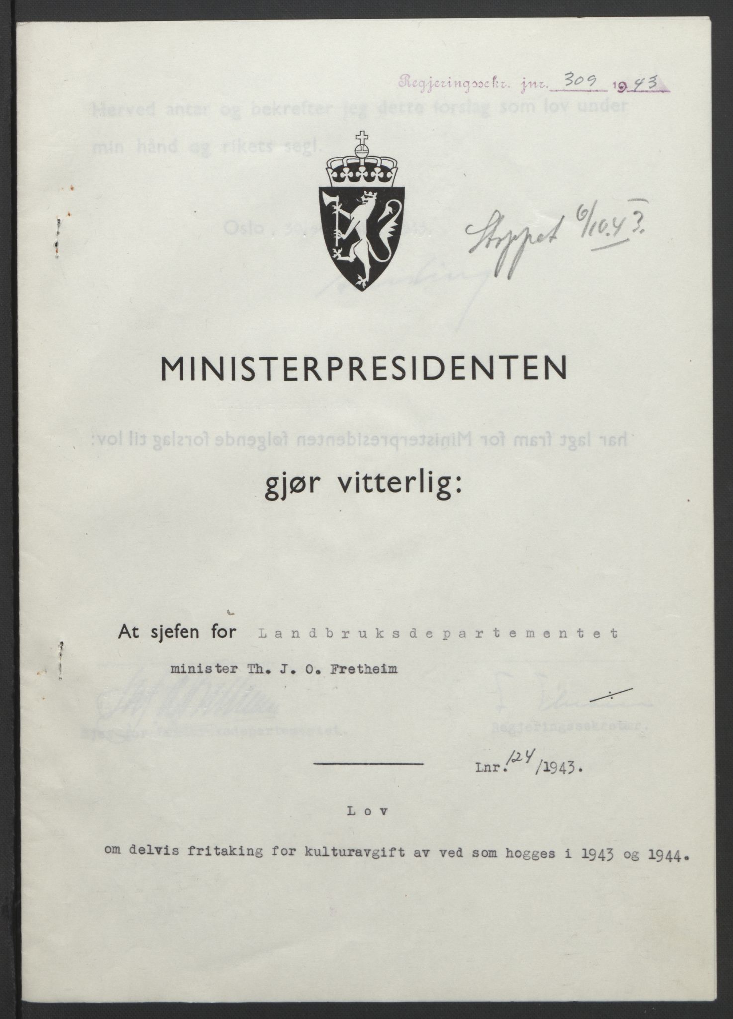 NS-administrasjonen 1940-1945 (Statsrådsekretariatet, de kommisariske statsråder mm), RA/S-4279/D/Db/L0099: Lover, 1943, p. 576