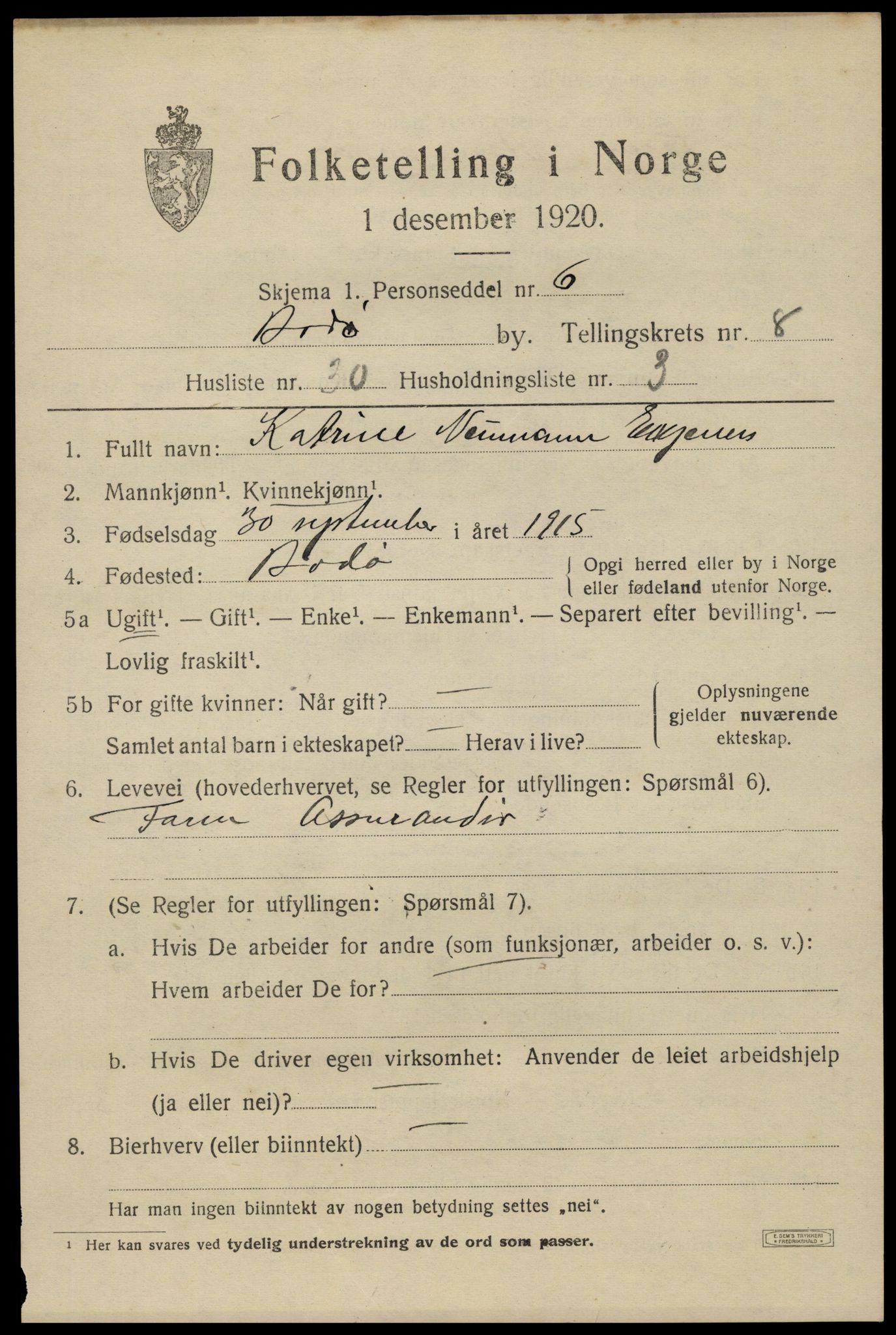 SAT, 1920 census for Bodø, 1920, p. 12807
