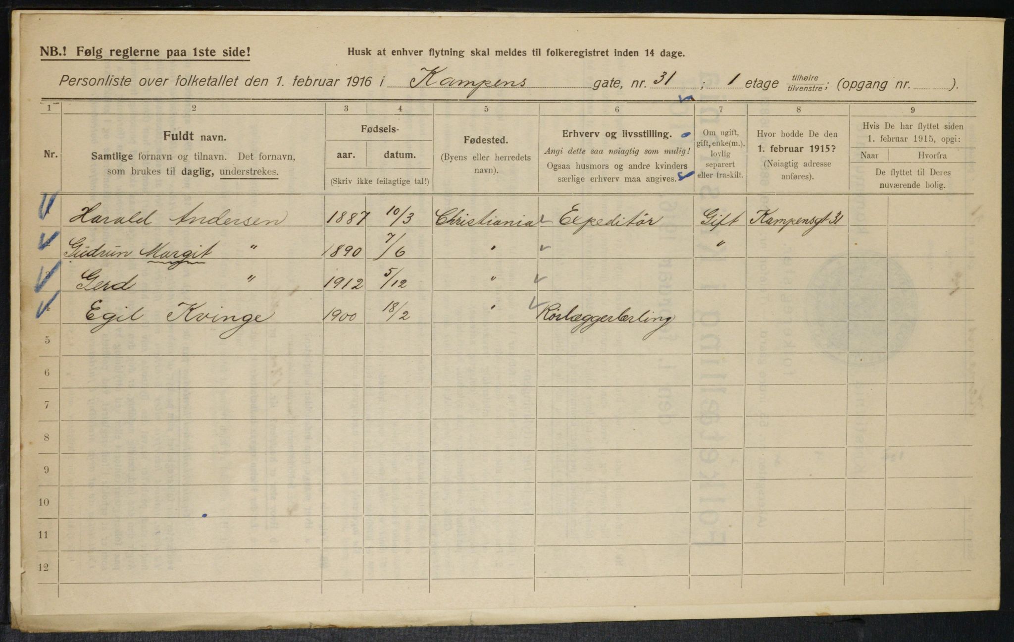 OBA, Municipal Census 1916 for Kristiania, 1916, p. 49084