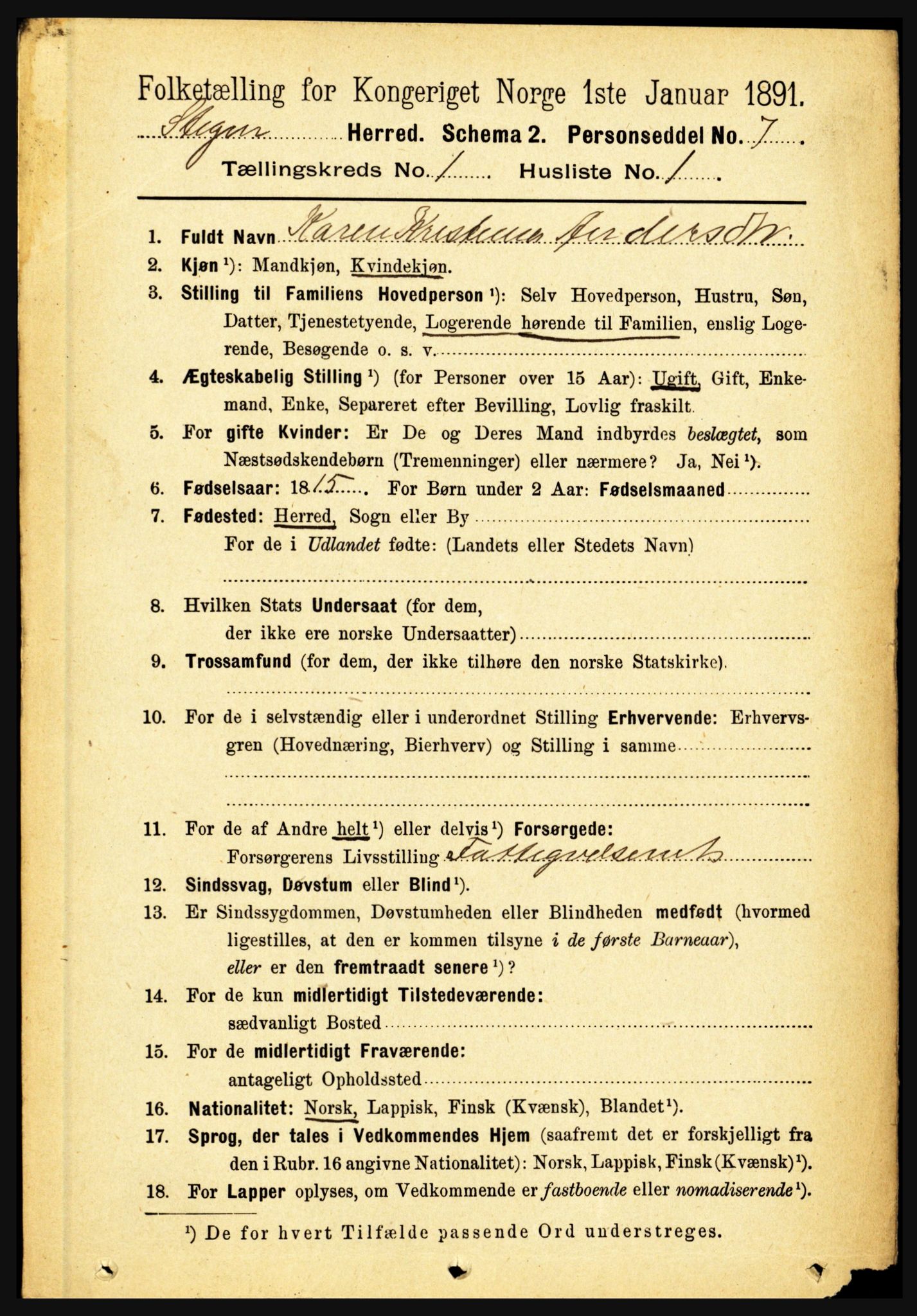 RA, 1891 census for 1848 Steigen, 1891, p. 122