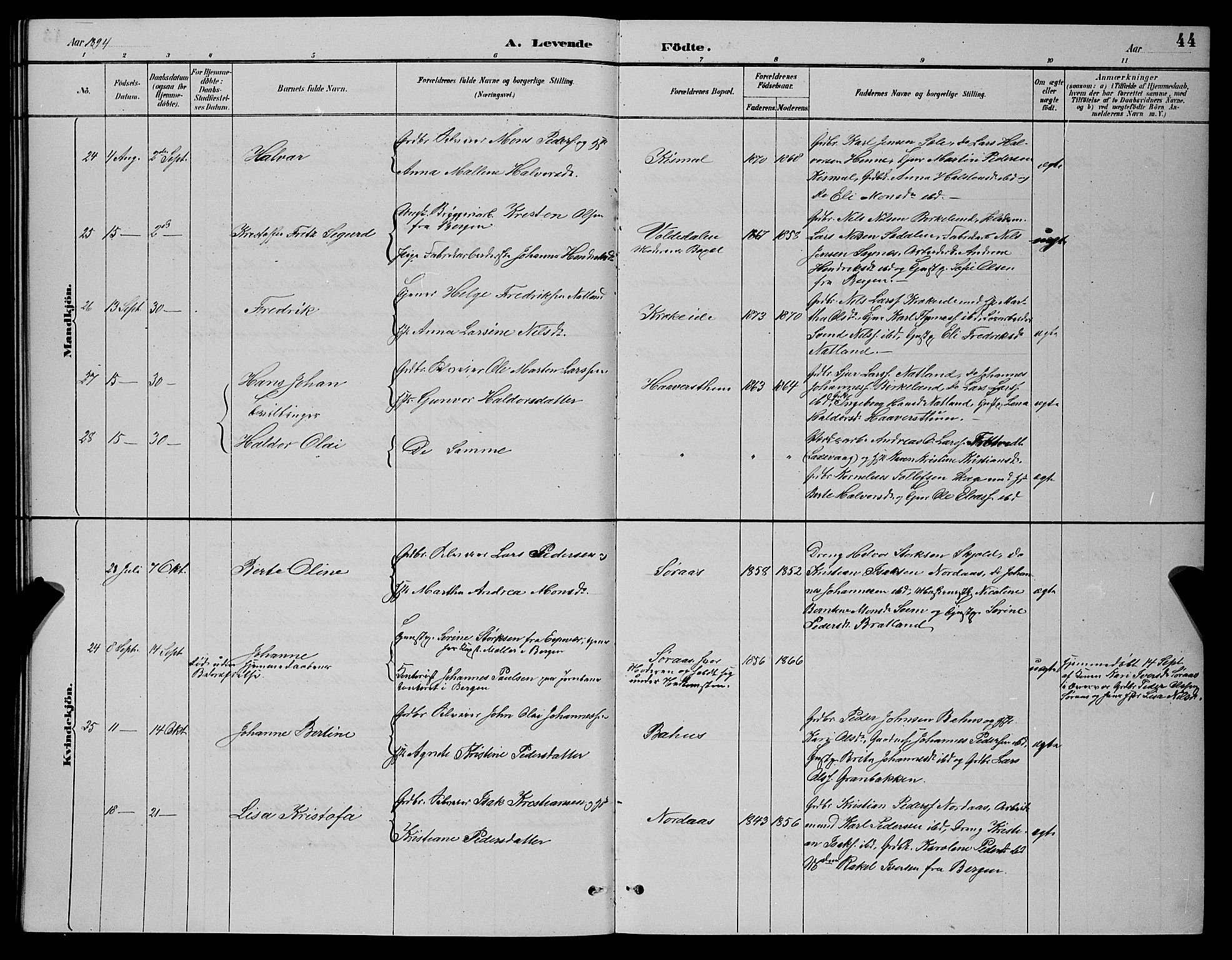 Fana Sokneprestembete, SAB/A-75101/H/Hab/Haba/L0002: Parish register (copy) no. A 2, 1889-1895, p. 44