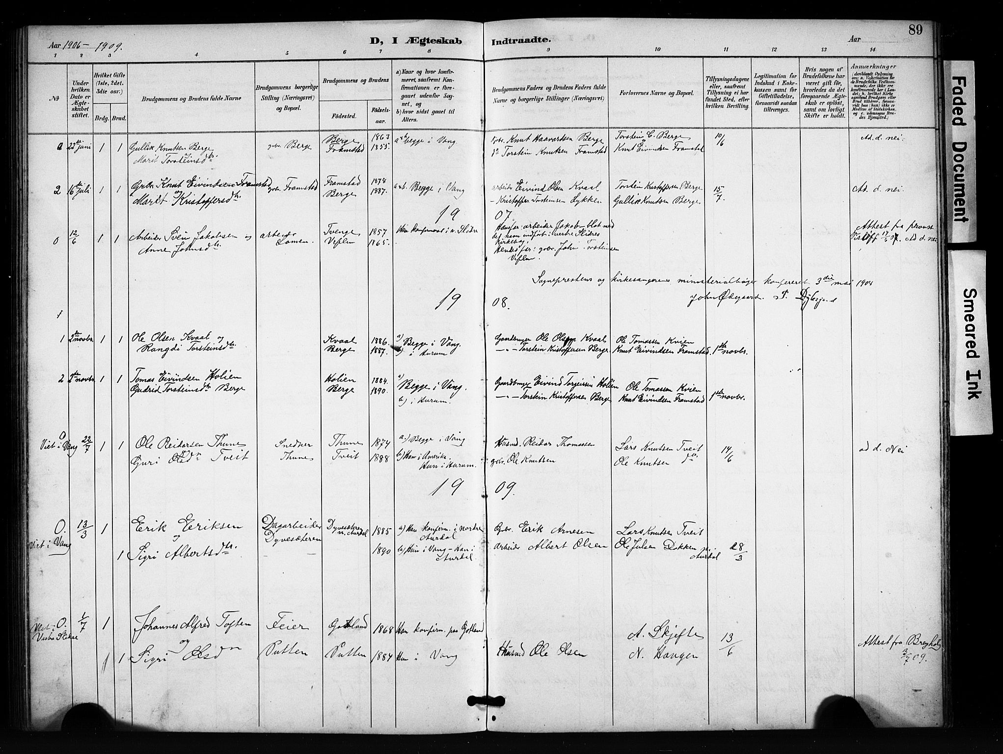 Vang prestekontor, Valdres, SAH/PREST-140/H/Hb/L0007: Parish register (copy) no. 7, 1893-1924, p. 89