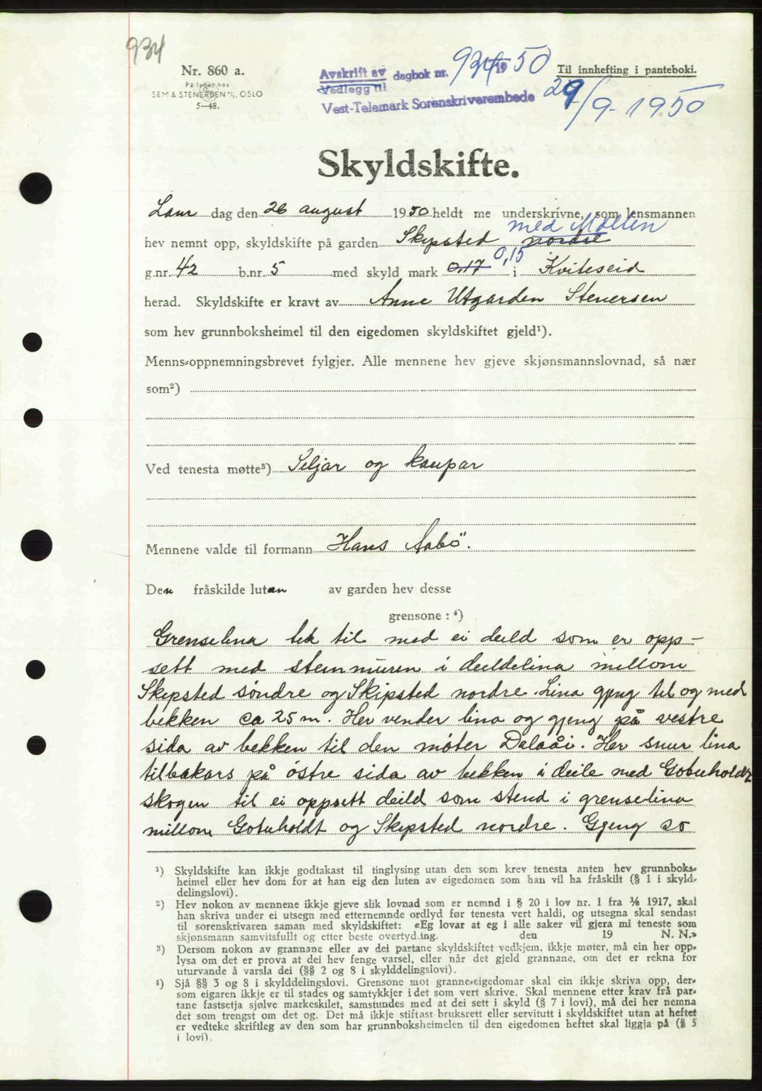 Vest-Telemark sorenskriveri, AV/SAKO-A-134/G/Ga/Gac/L0011: Mortgage book no. A-11, 1950-1950, Diary no: : 934/1950