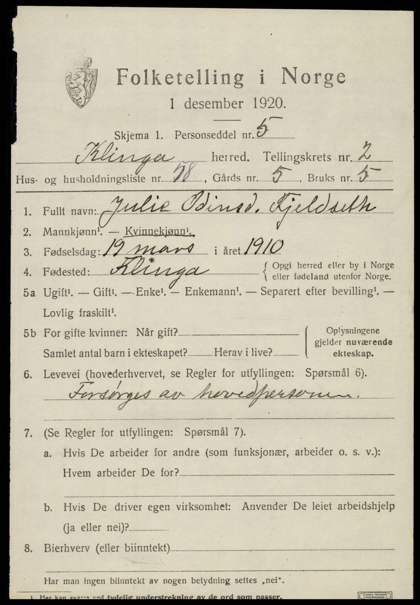 SAT, 1920 census for Klinga, 1920, p. 2067