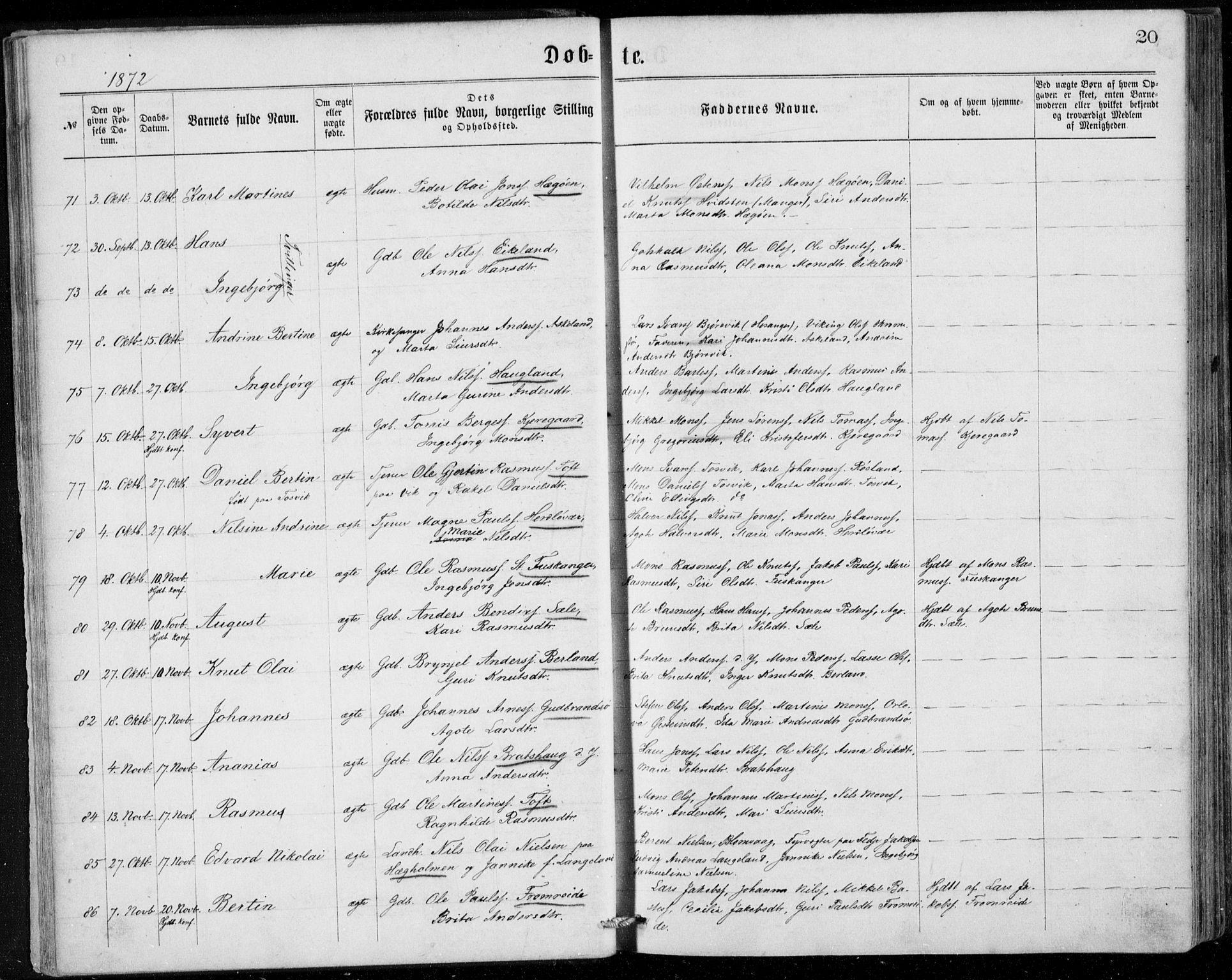 Herdla Sokneprestembete, AV/SAB-A-75701/H/Haa: Parish register (official) no. A 2, 1869-1877, p. 20