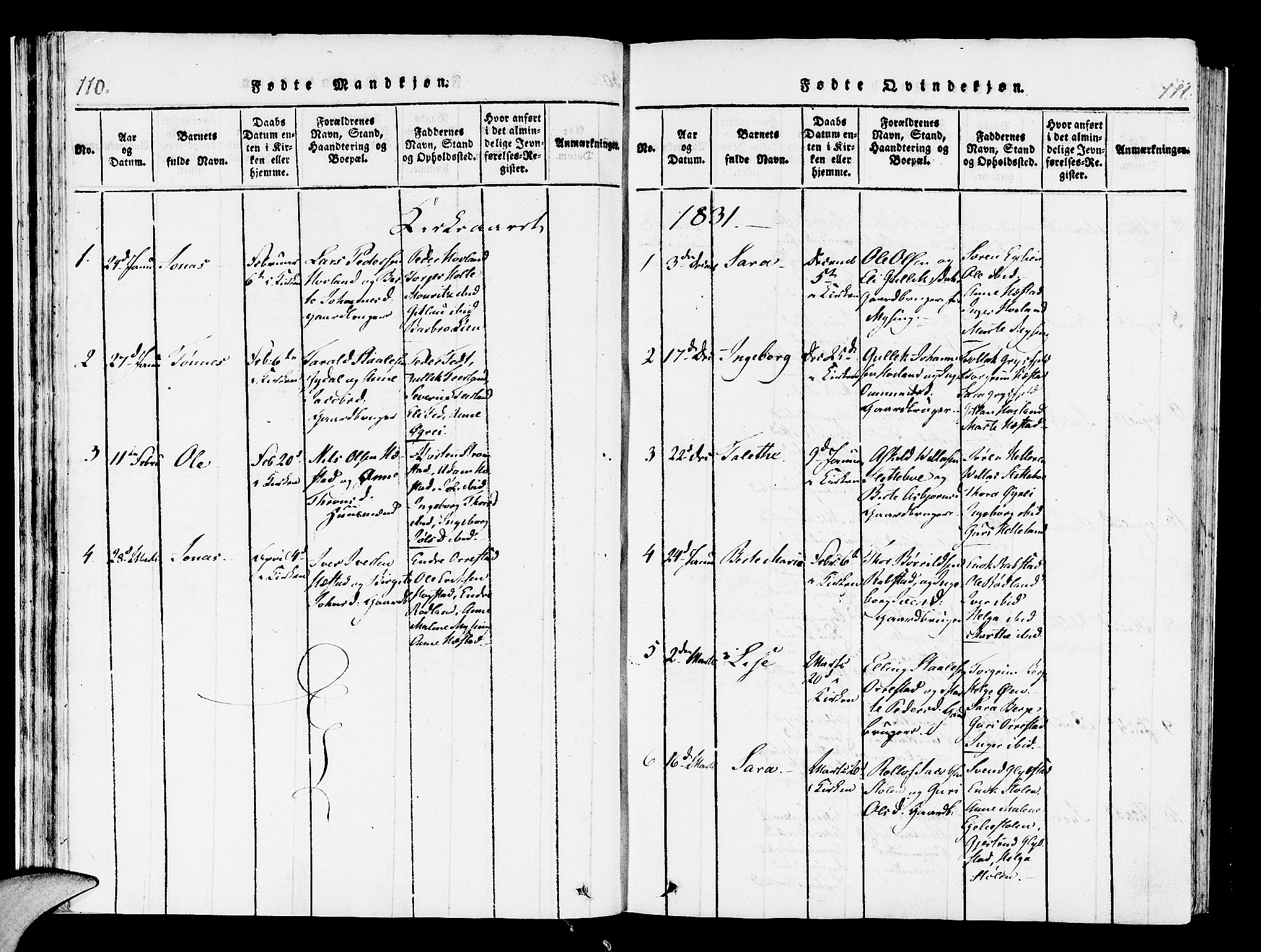 Helleland sokneprestkontor, AV/SAST-A-101810: Parish register (official) no. A 4, 1815-1834, p. 110-111