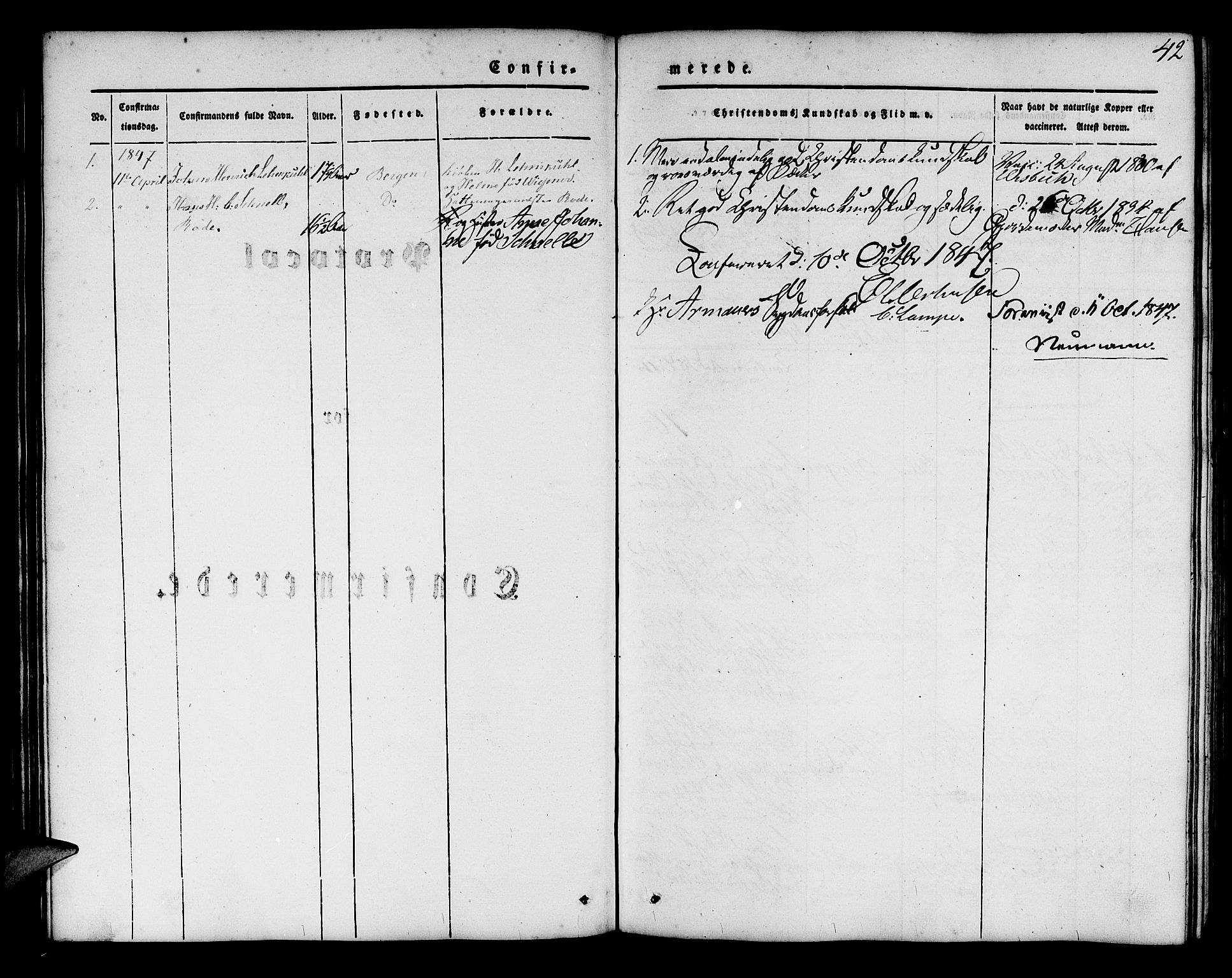 Mariakirken Sokneprestembete, SAB/A-76901/H/Hab/L0002: Parish register (copy) no. A 2, 1846-1862, p. 42