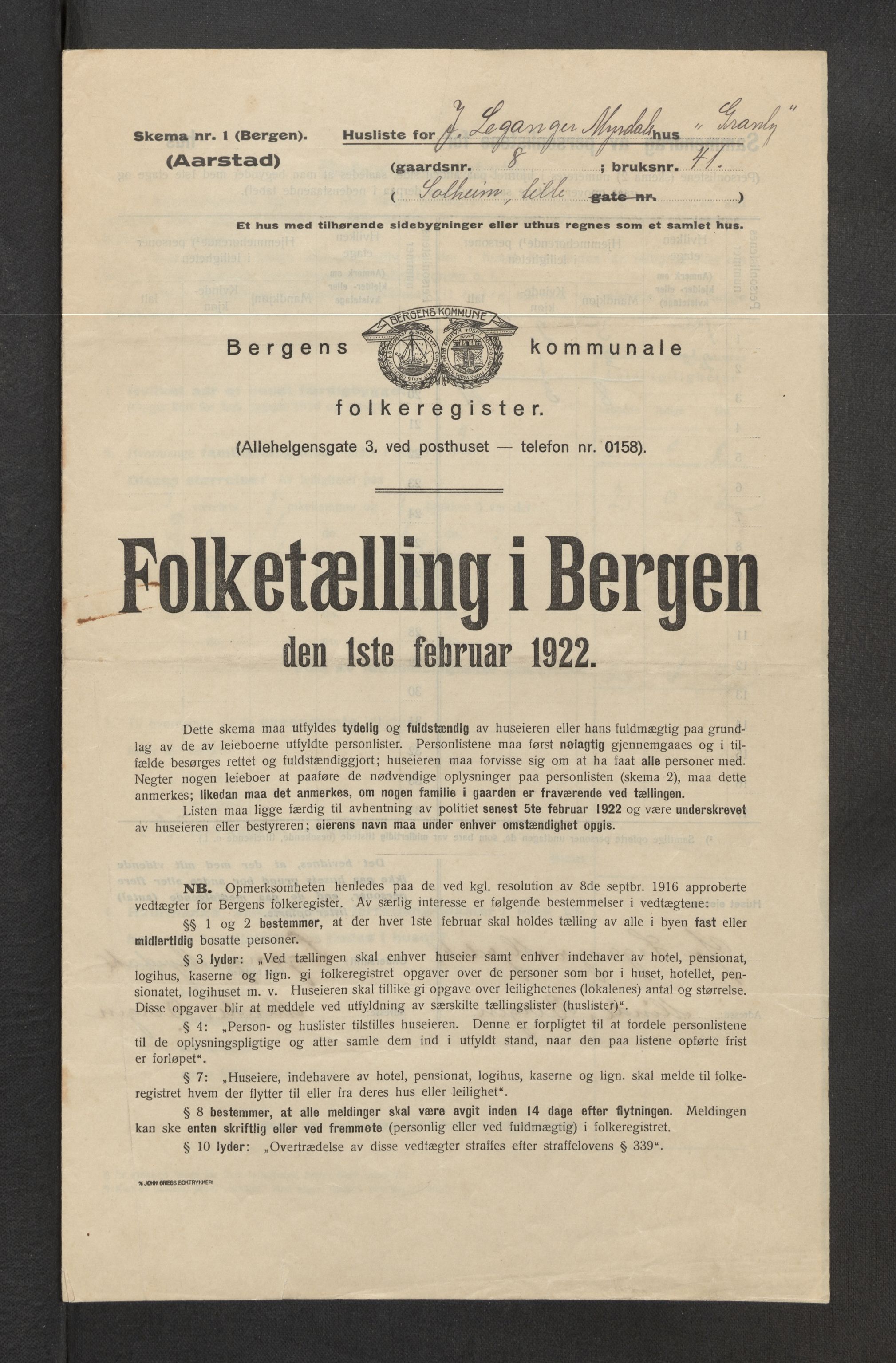 SAB, Municipal Census 1922 for Bergen, 1922, p. 59509