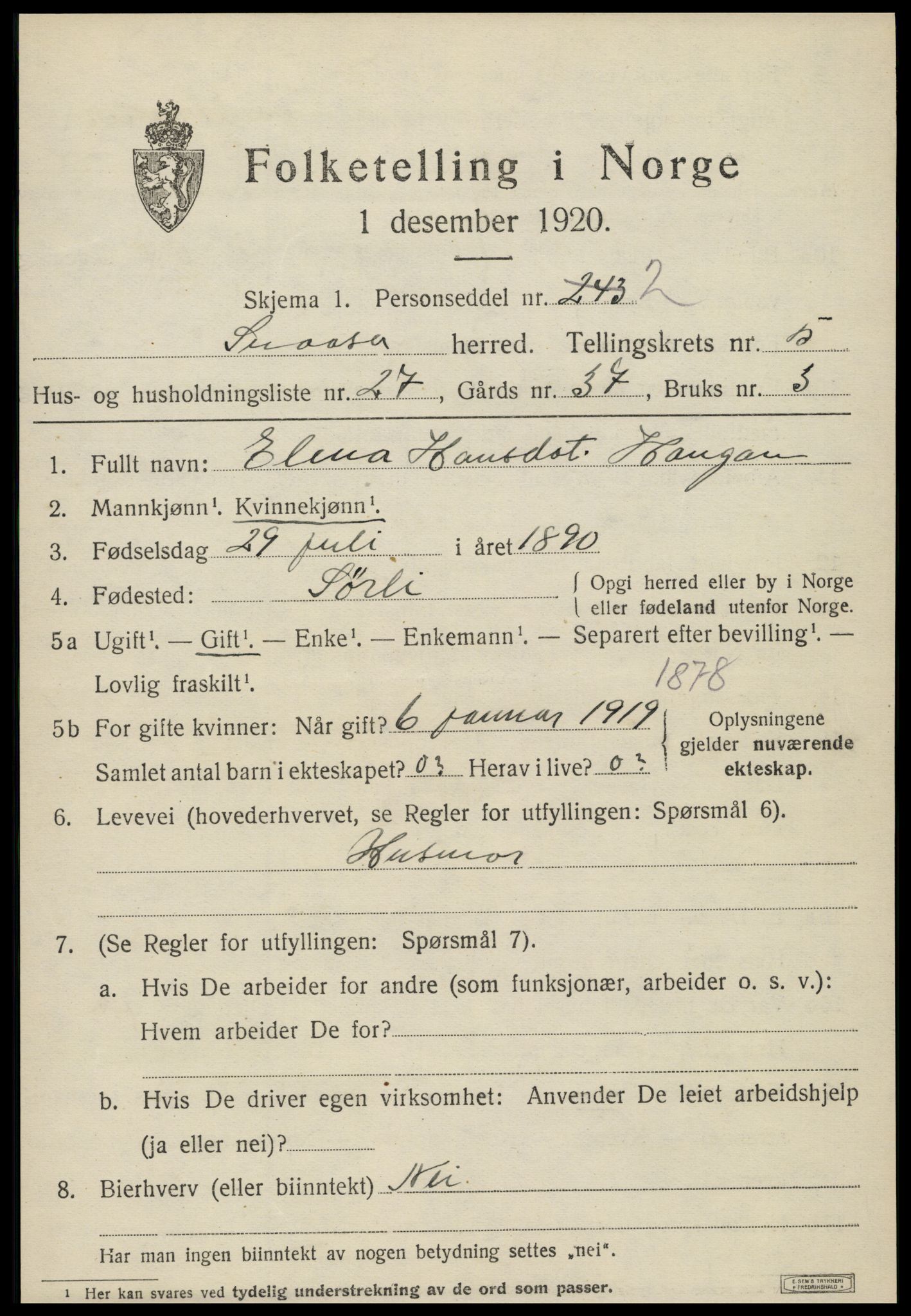 SAT, 1920 census for Snåsa, 1920, p. 3658