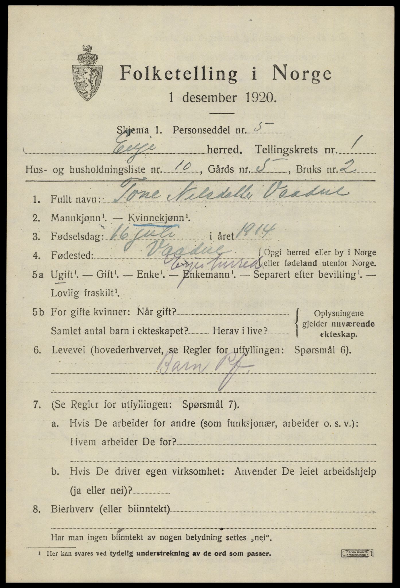 SAK, 1920 census for Evje, 1920, p. 632