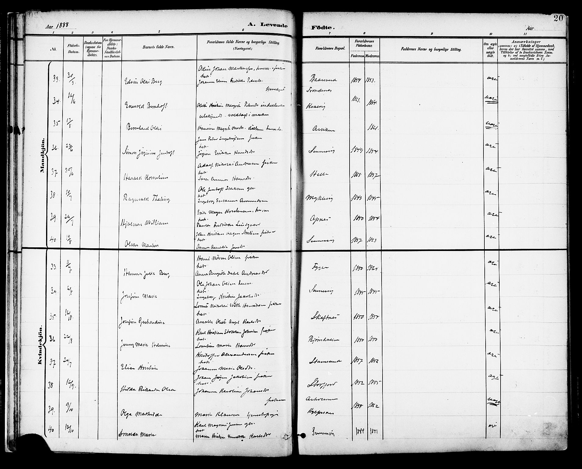 Ministerialprotokoller, klokkerbøker og fødselsregistre - Nordland, AV/SAT-A-1459/882/L1179: Parish register (official) no. 882A01, 1886-1898, p. 20