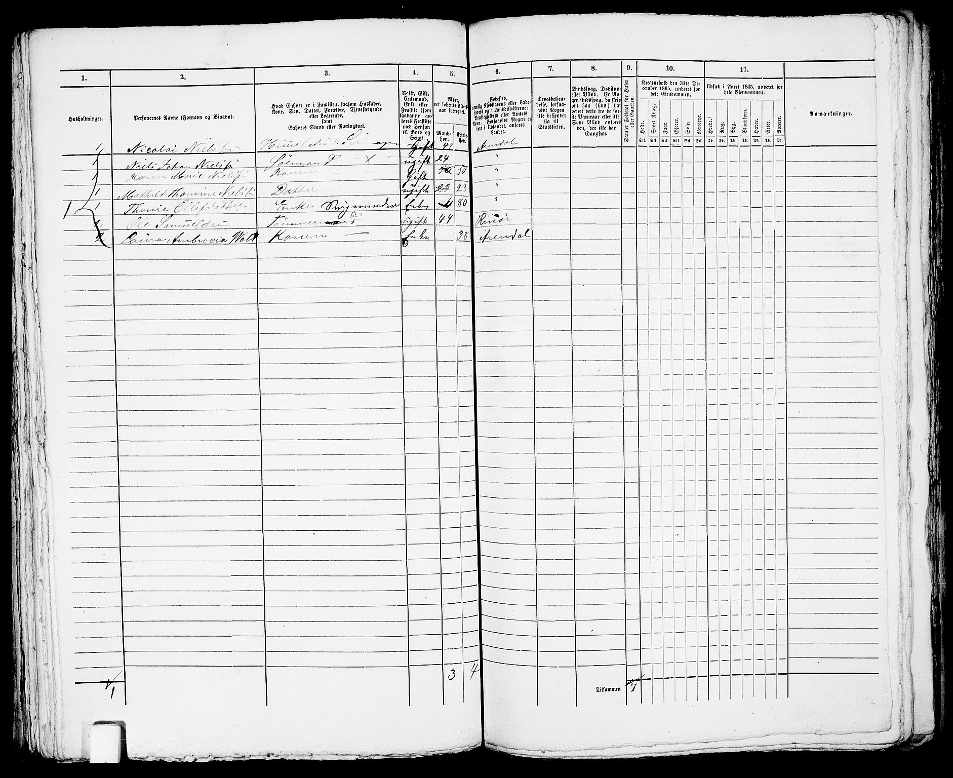 RA, 1865 census for Arendal, 1865, p. 443