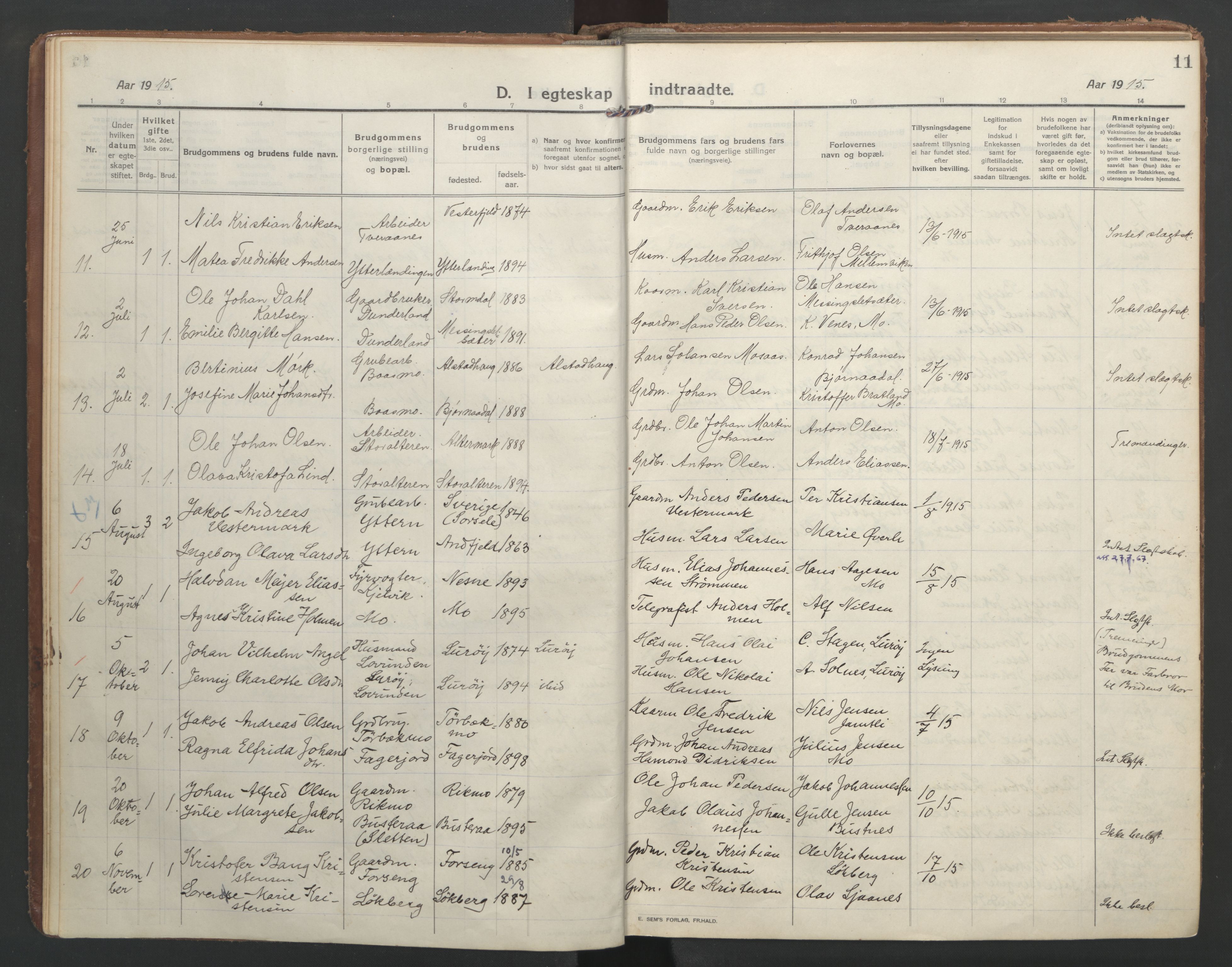 Ministerialprotokoller, klokkerbøker og fødselsregistre - Nordland, SAT/A-1459/827/L0405: Parish register (official) no. 827A17, 1912-1925, p. 11