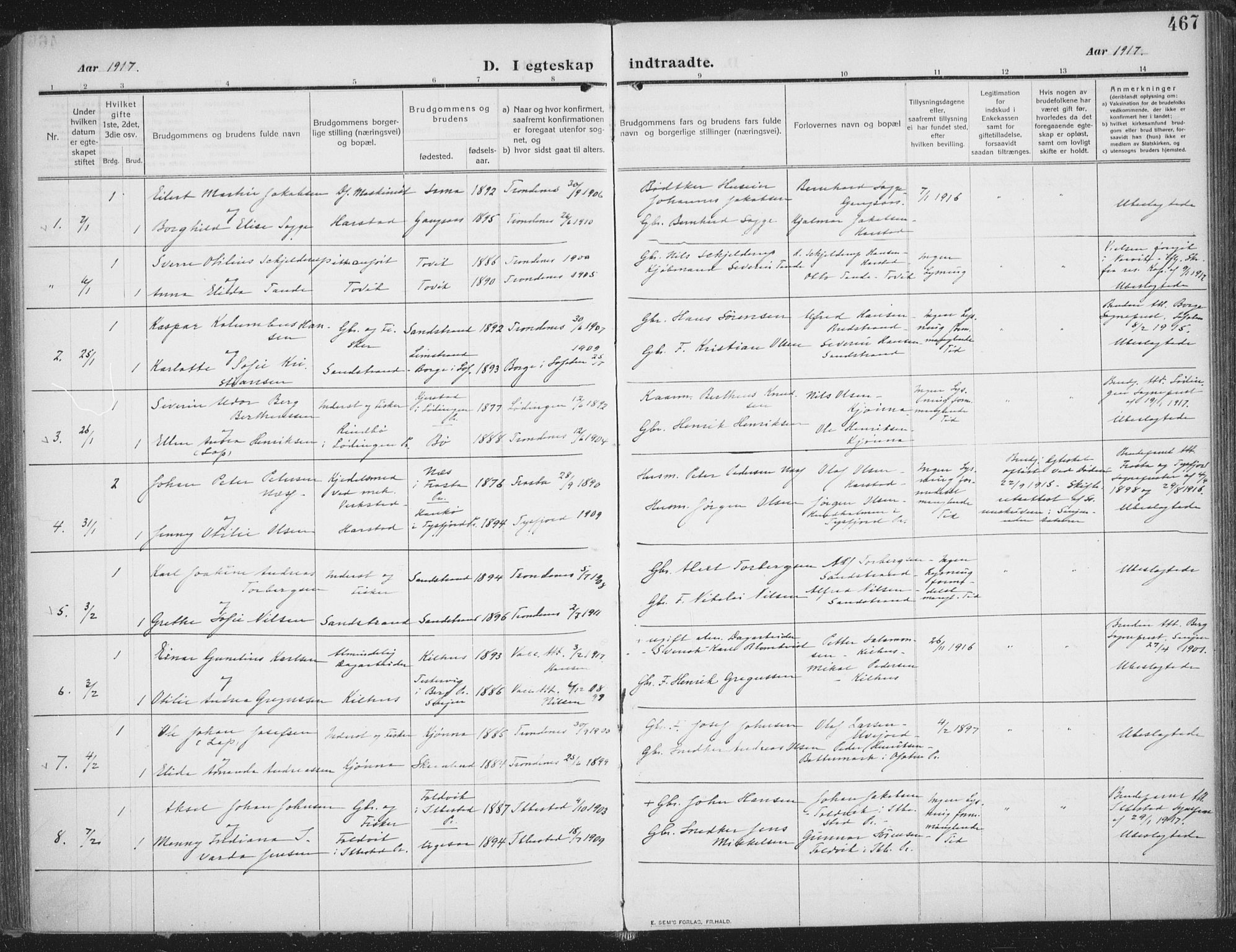 Trondenes sokneprestkontor, SATØ/S-1319/H/Ha/L0018kirke: Parish register (official) no. 18, 1909-1918, p. 467