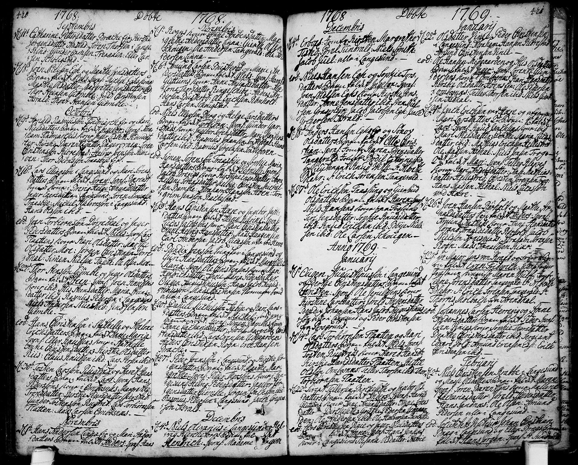 Bamble kirkebøker, SAKO/A-253/F/Fa/L0001: Parish register (official) no. I 1, 1702-1774, p. 420-421