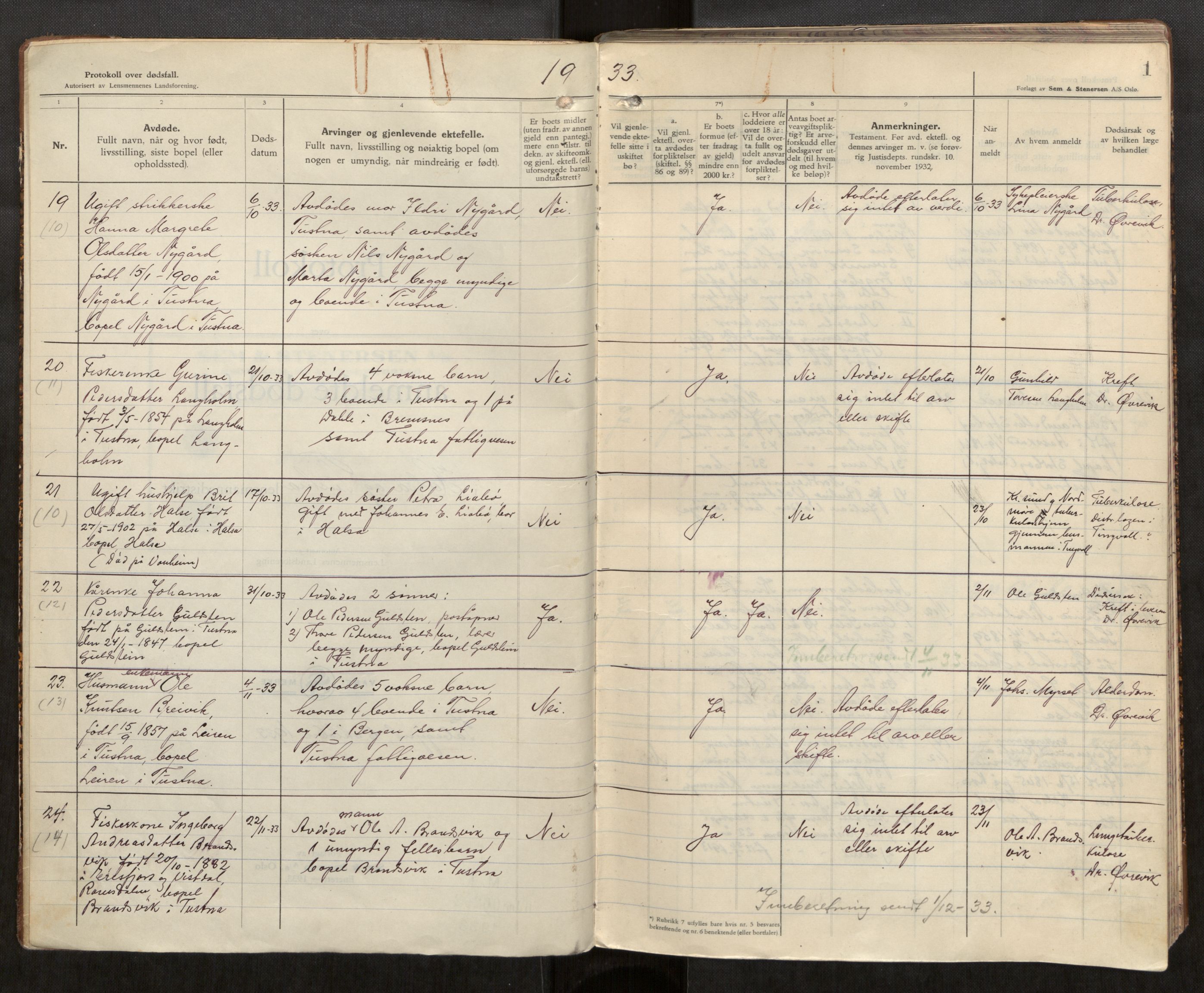 Halsa og Tustna lensmannskontor, AV/SAT-A-1100, 1933-1946, p. 1