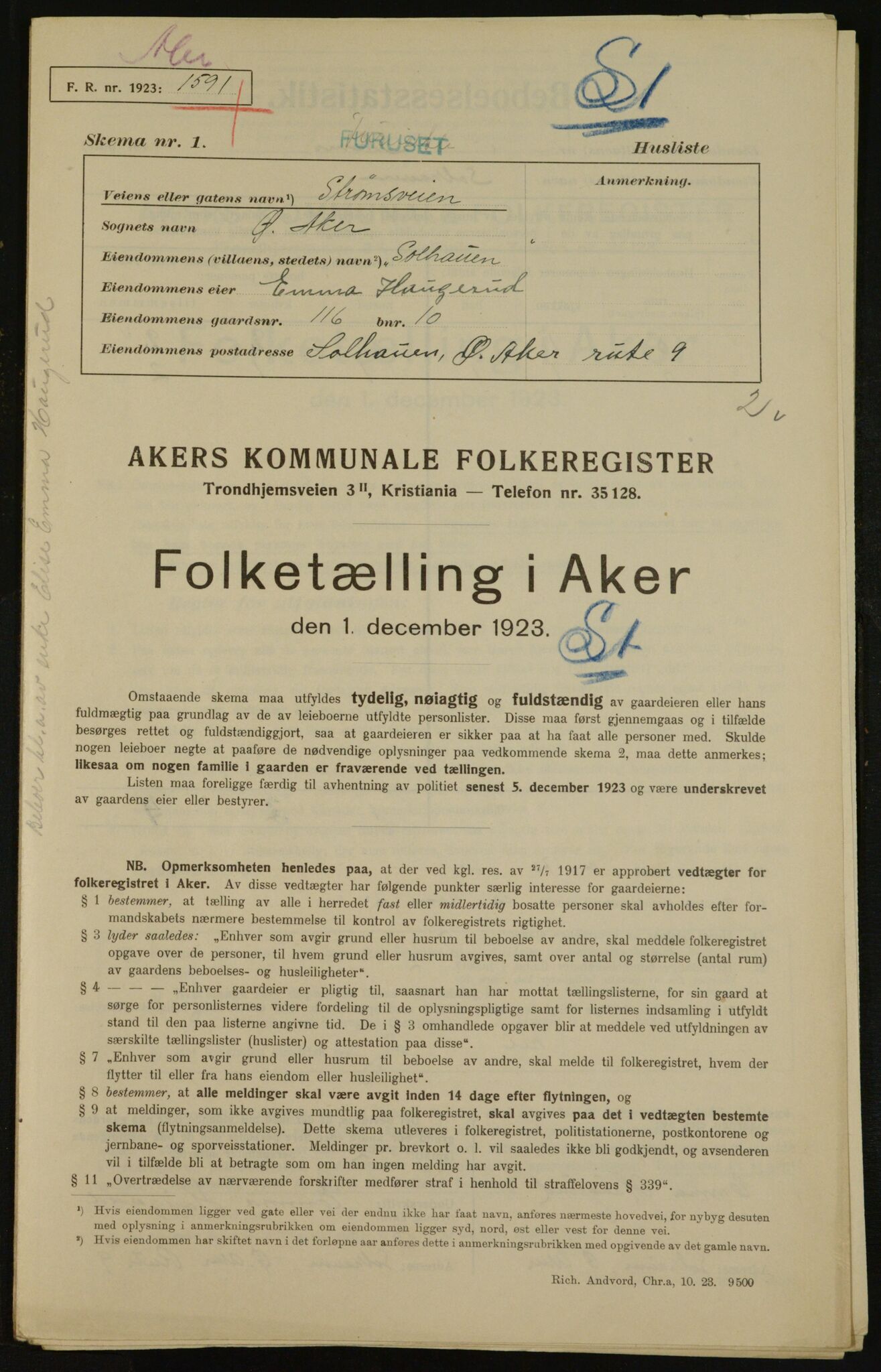 , Municipal Census 1923 for Aker, 1923, p. 32585